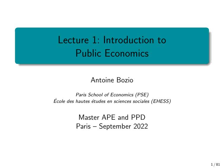Lecture 1: Introduction to  Public Economics