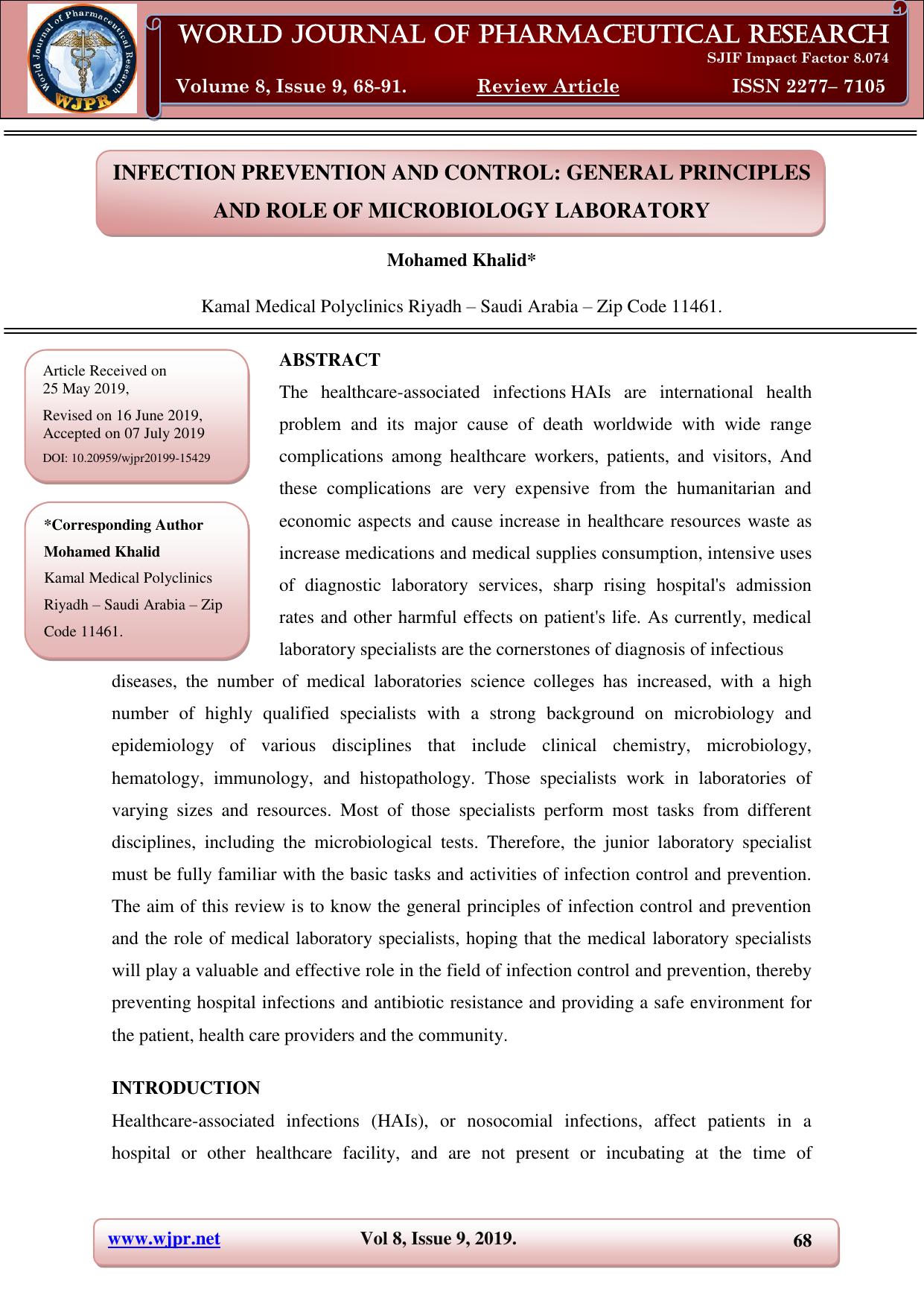 INFECTION PREVENTION AND CONTROL GENERAL PRINCIPLES AND ROLE OF MICROBIOLOGY LABORATORY 2019