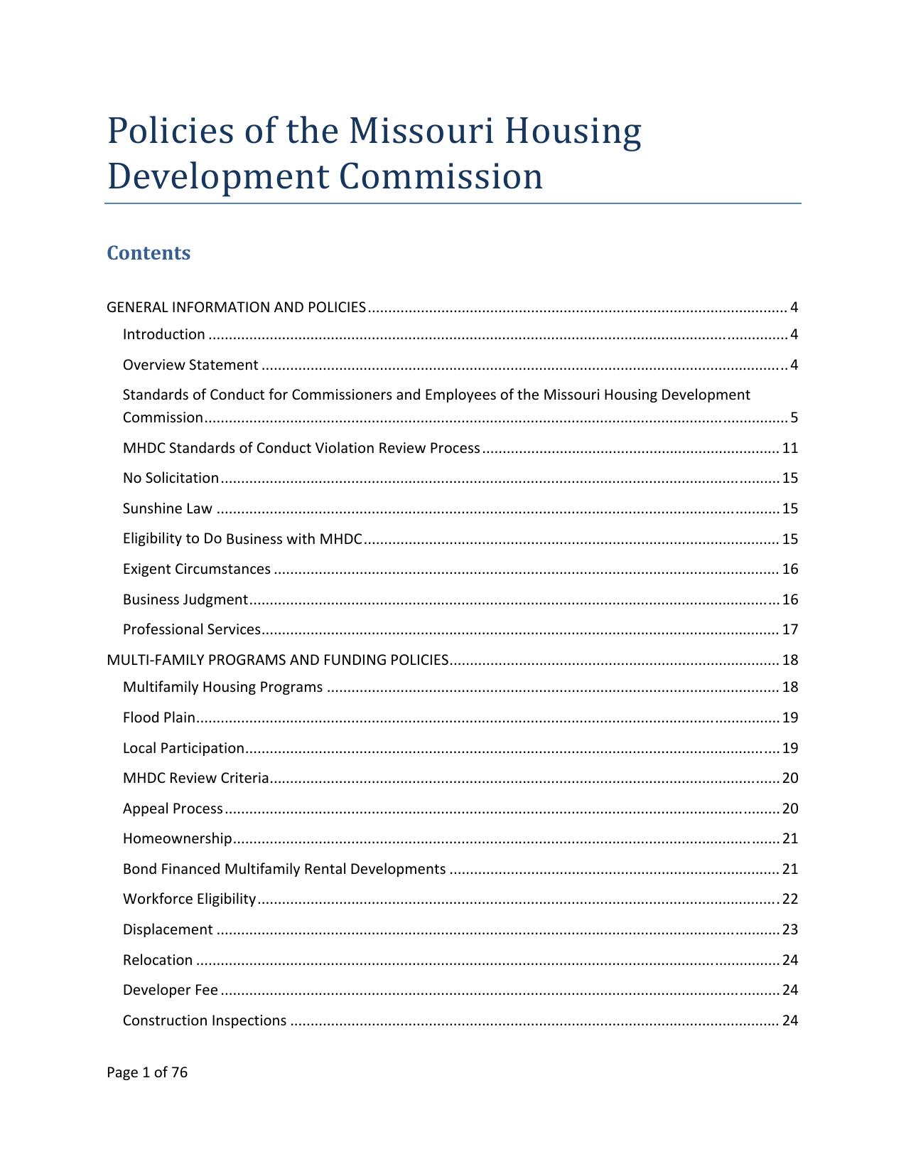Policies of the Missouri Housing Development Commission 2016