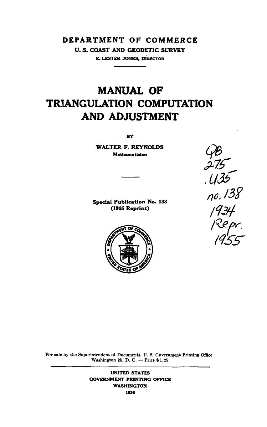 Manual of triangulation computation and adjustment. Department of Commerce U S Coast and Geodetic Survey