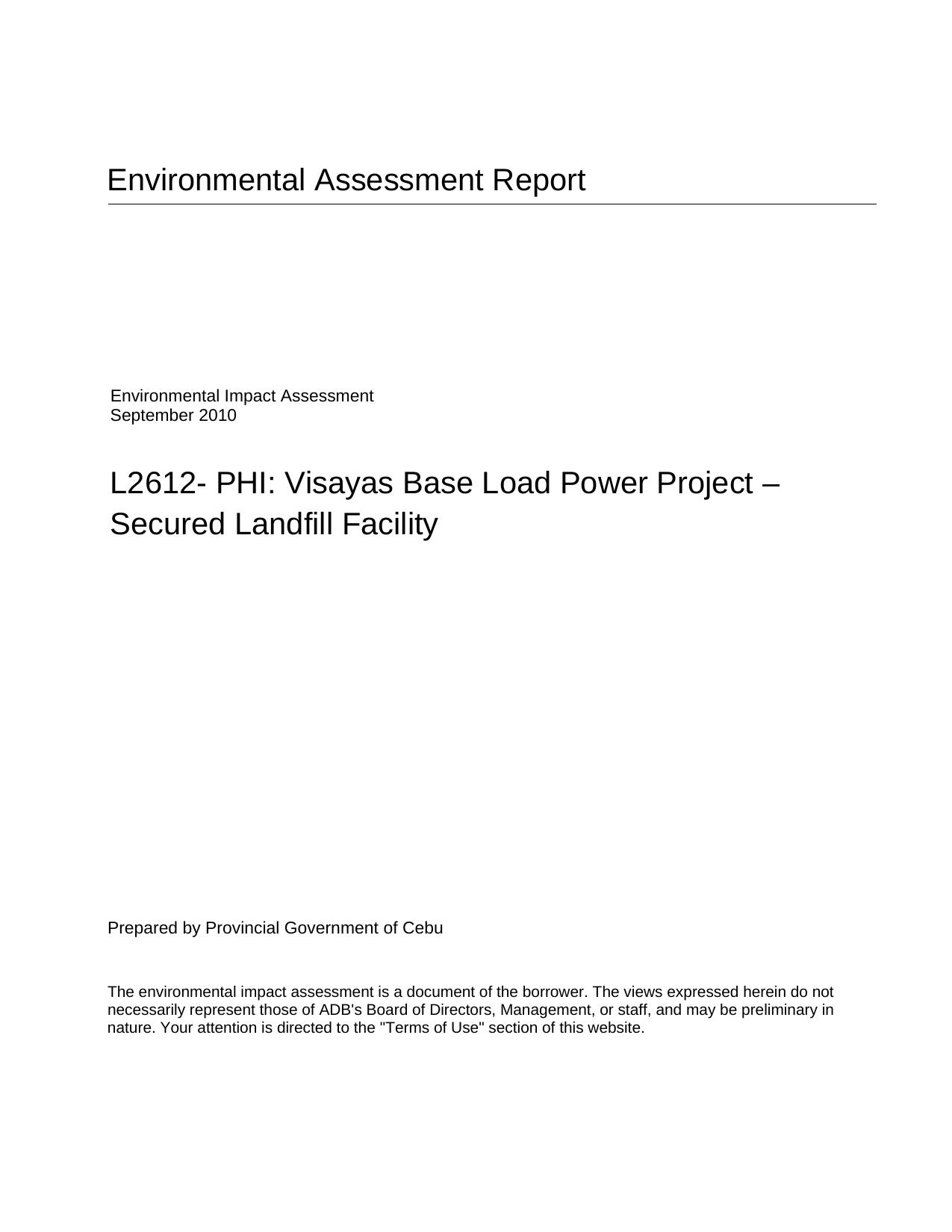 Environmental Impact Assessment: Philippines, Visayas Base Load Power Project - Secured Landfill Facility