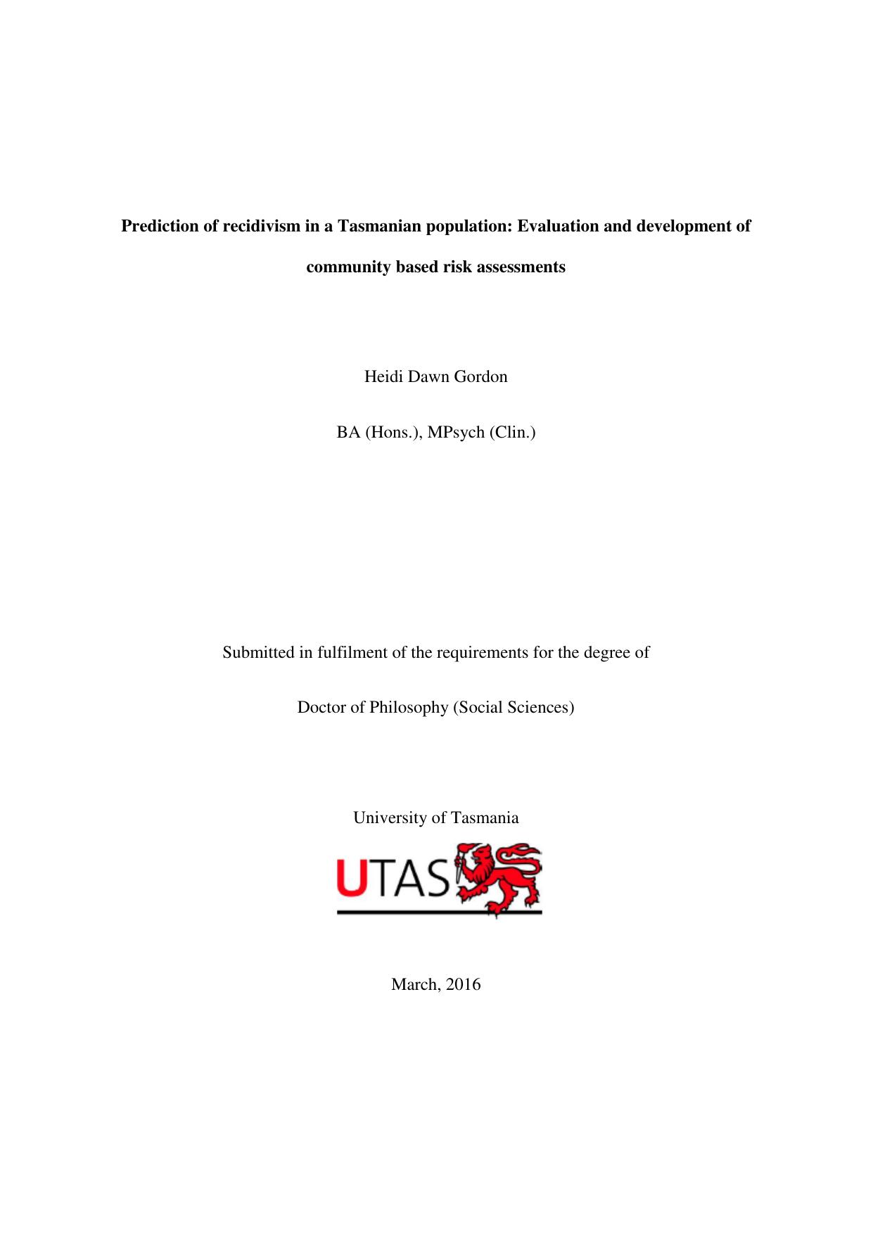 Prediction of recidivism in a Tasmanian population 2016