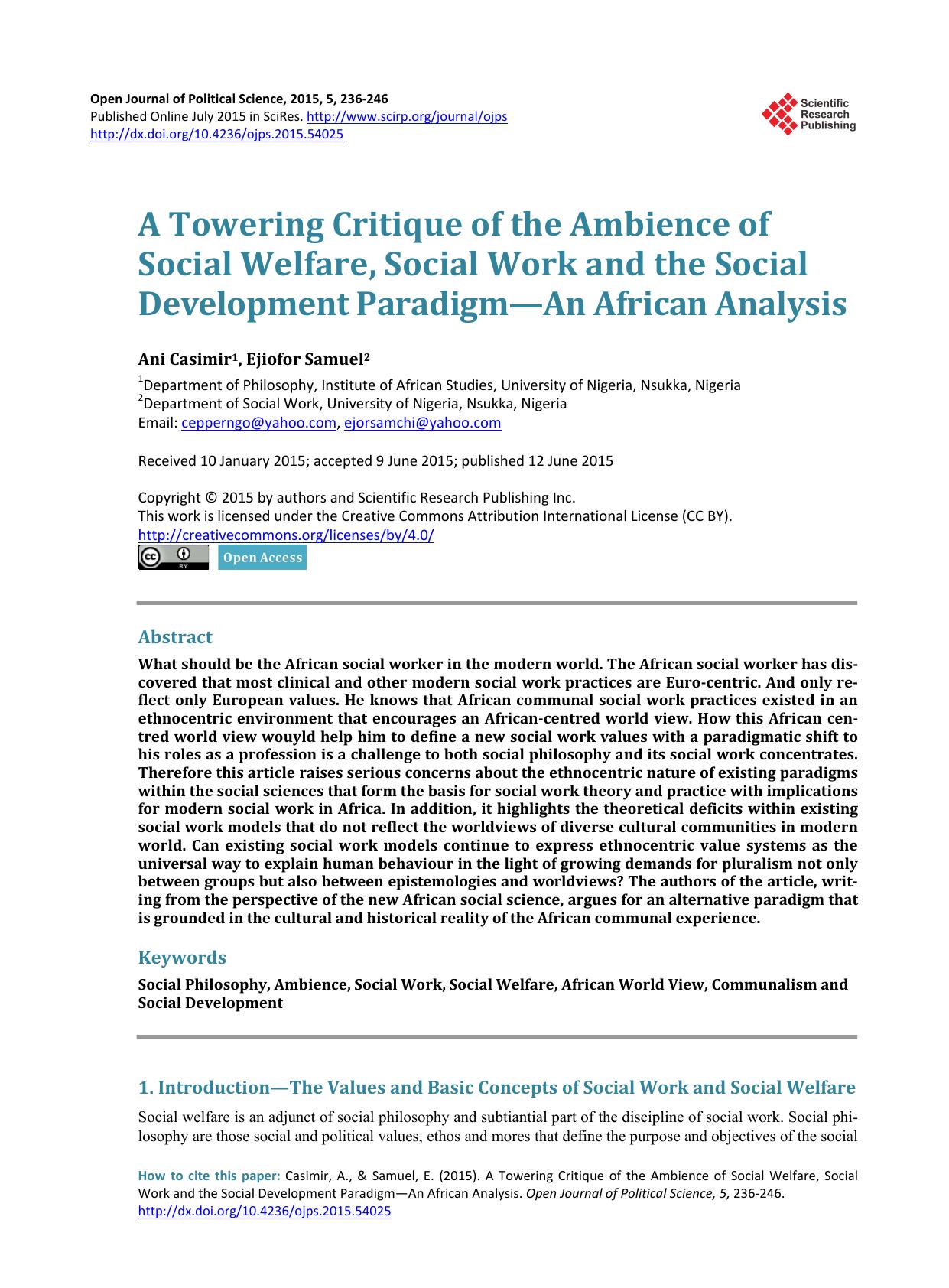 A Towering Critique of the Ambience of Social Welfare, Social Work and the Social Development Paradigm—An African Analysis