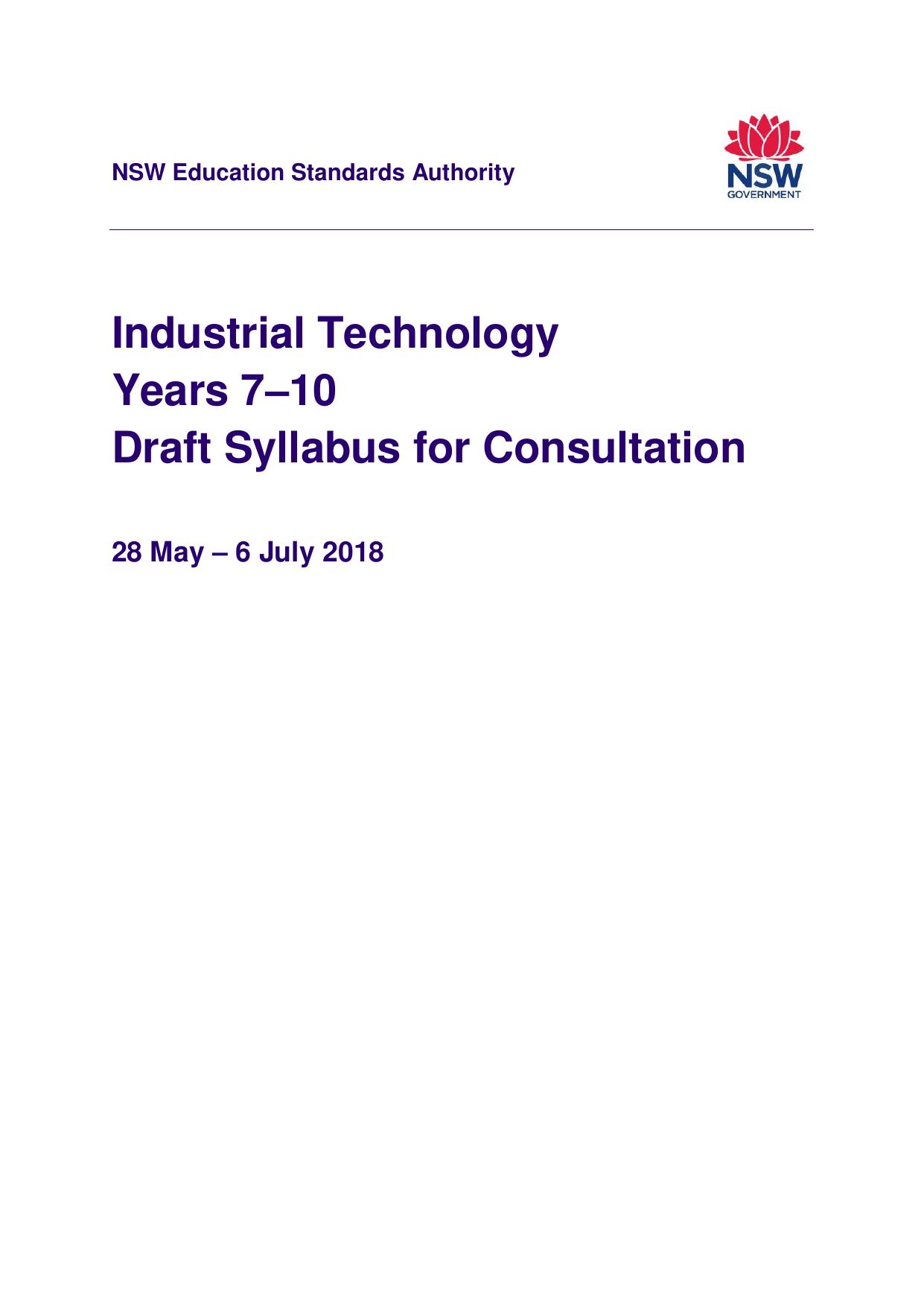 Industrial Technology Years 7–10 Draft Syllabus for Consultation 2018