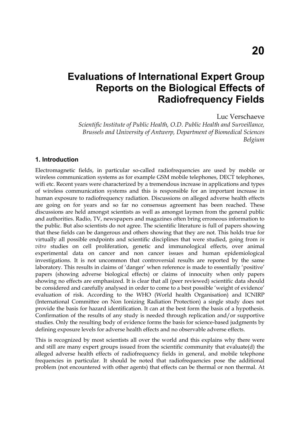 Evaluations of International Expert Group Reports on the Biological Effects of Radiofrequency Fields