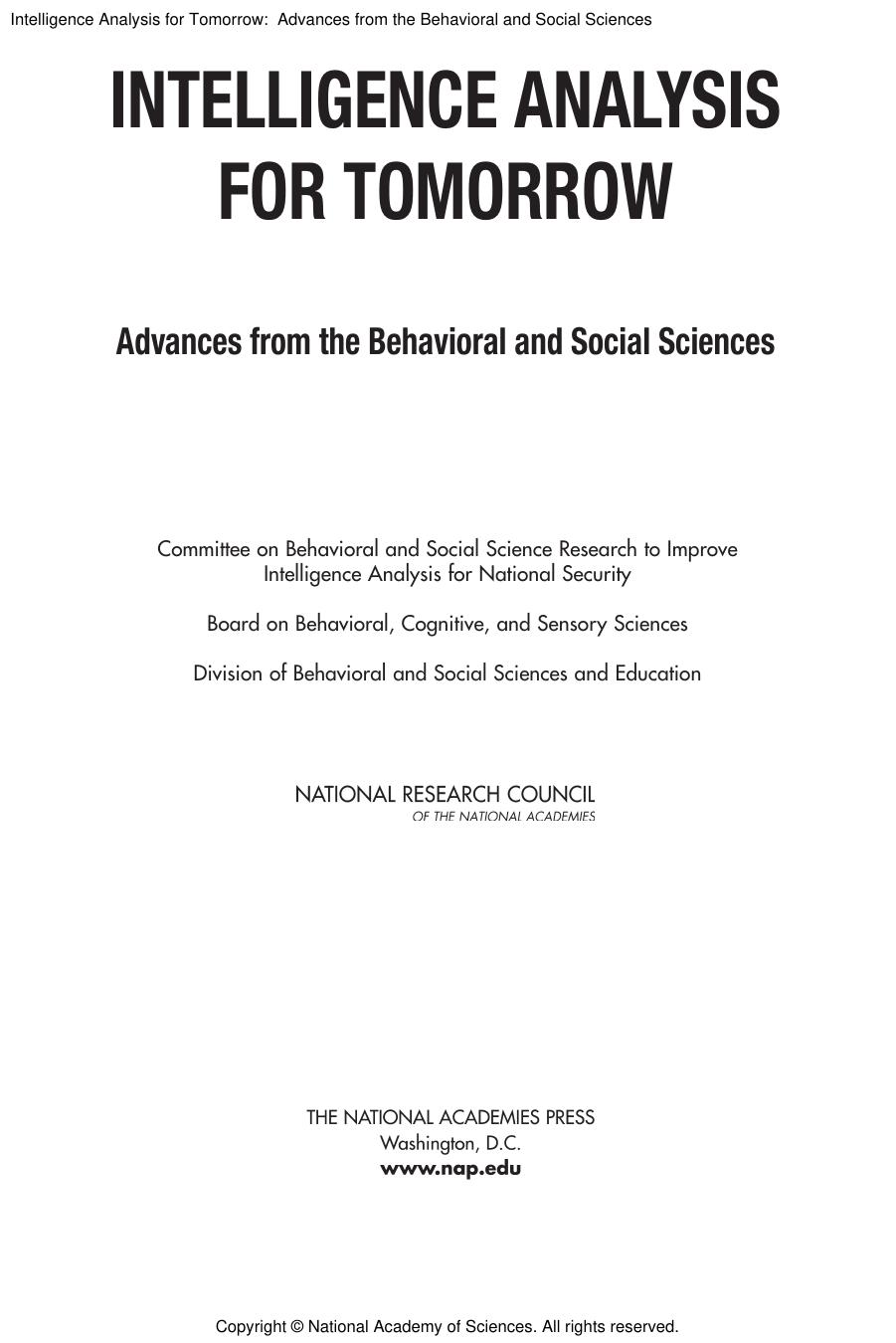 Intelligence Analysis for Tomorrow  Advances from the Behavioral and Social Sciences ( PDFDrive.com )