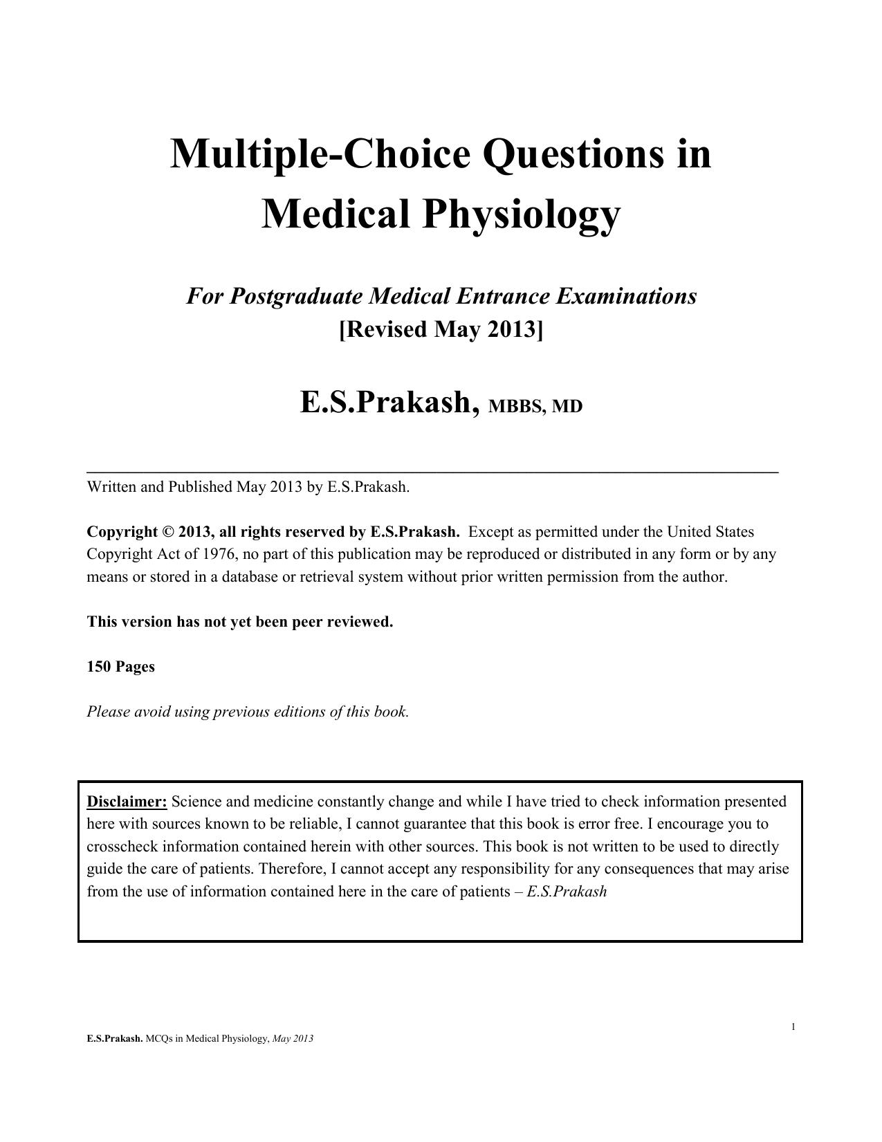 Multiple Choice Questions in Medical Physiology