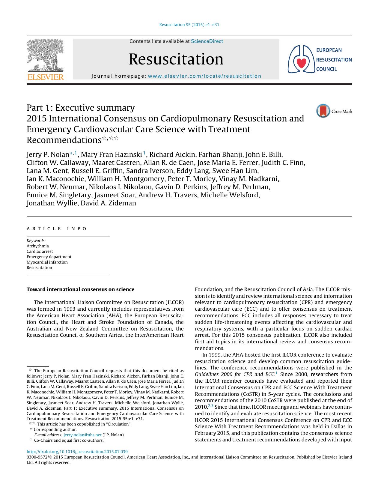 International Consensus on Cardiopulmonary Resuscitation 2015