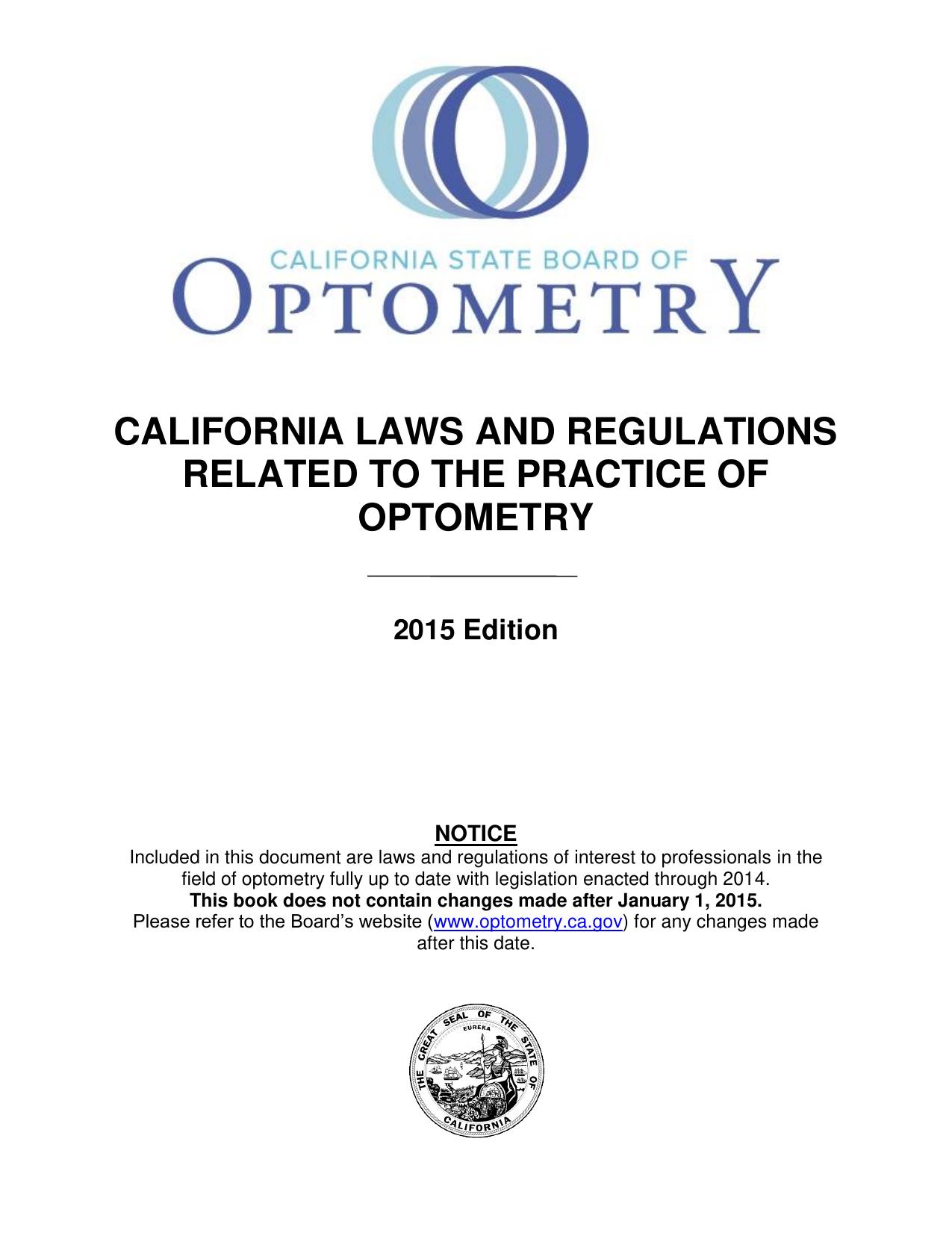 Board of Optometry - Optometry Laws and Regulations Book