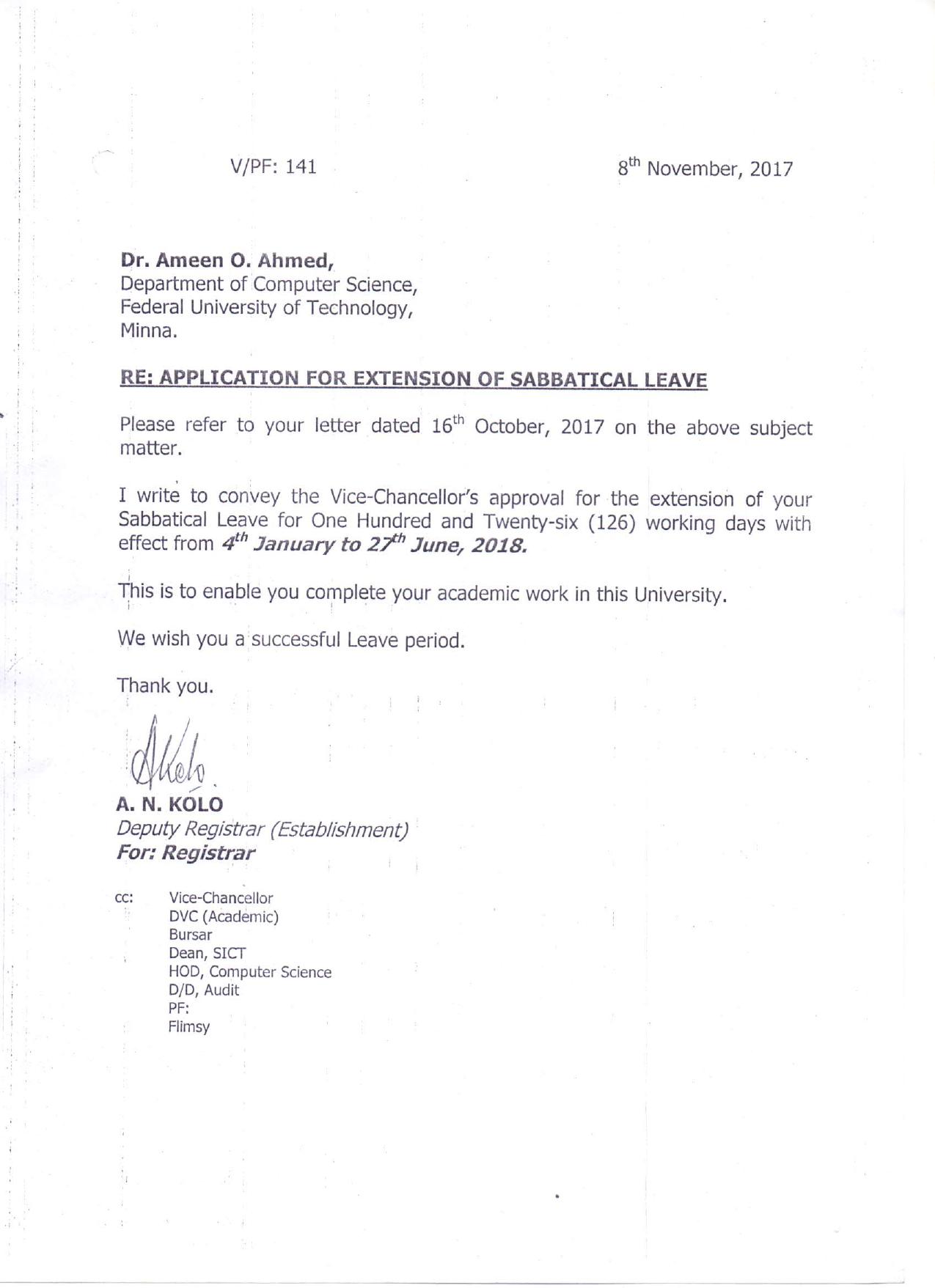 Approved letter of extention of sabbatical leave