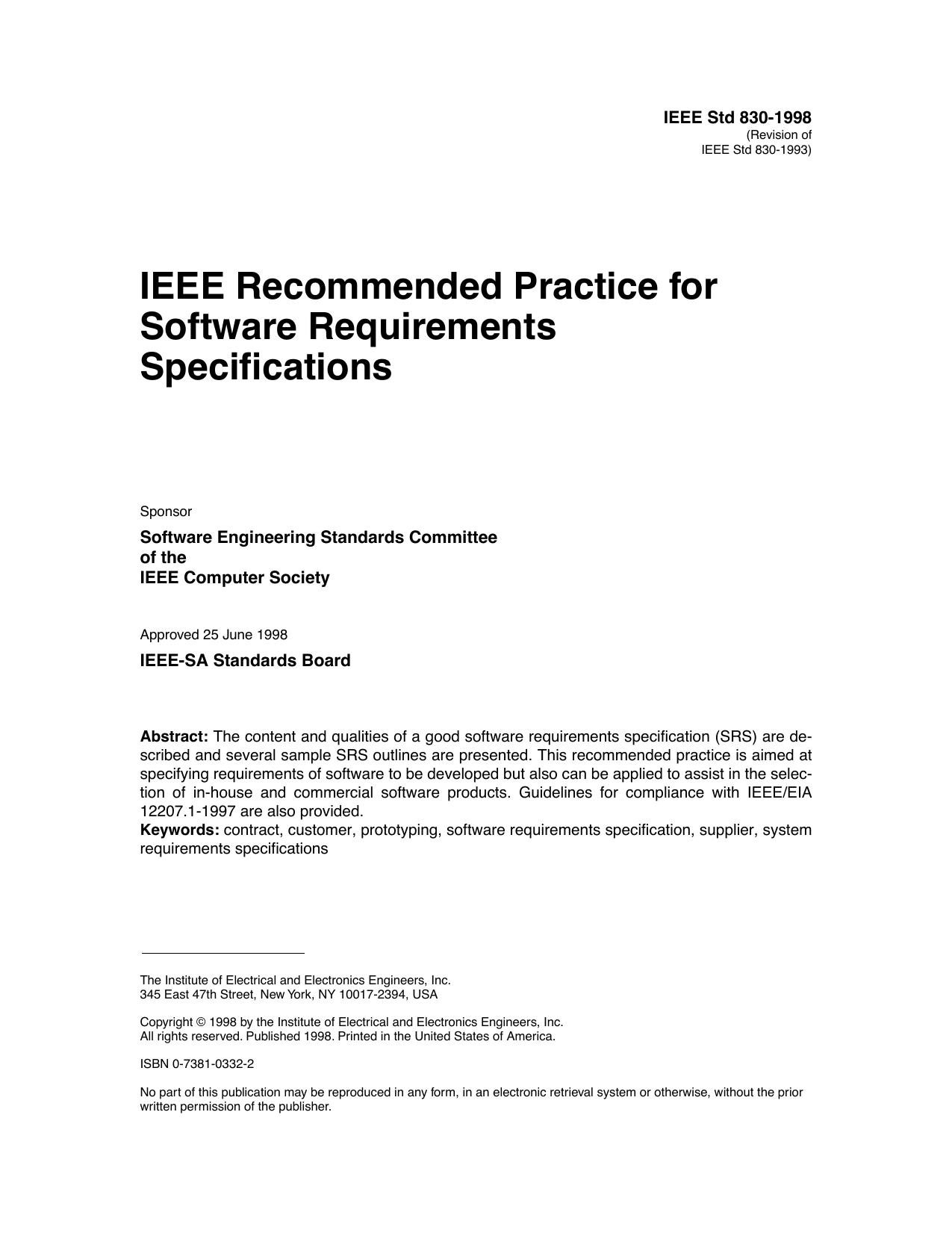 IEEE Recommended Practice For Software Requirements Speci~cations - IEEE Std 830-1998