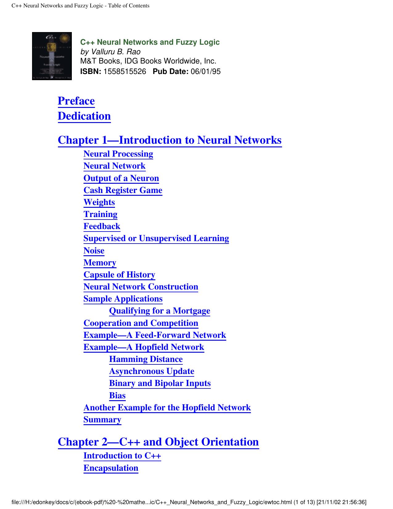 C++ Neural Networks and Fuzzy Logic - Table of Contents