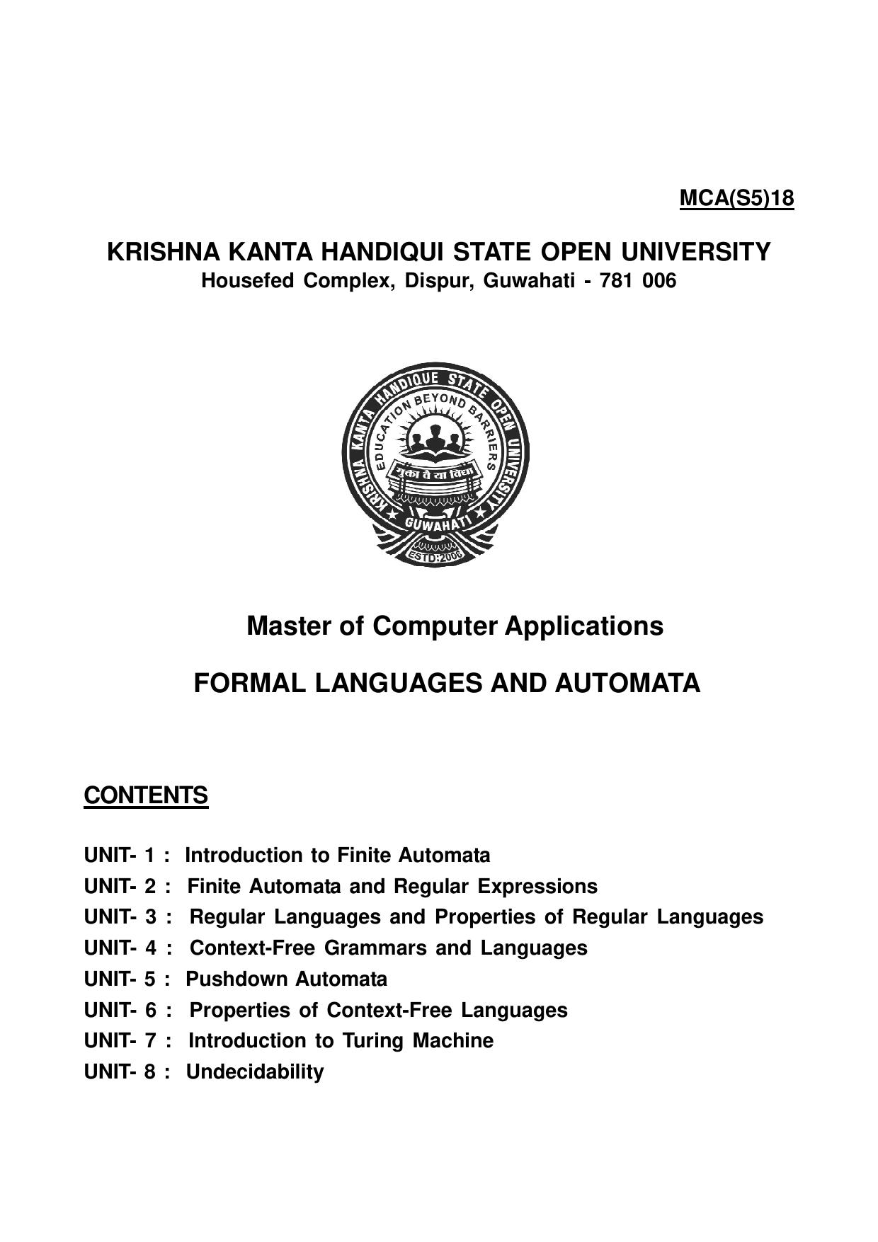 Master of Computer Applications FORMAL LANGUAGES AND AUTOMATA   2015
