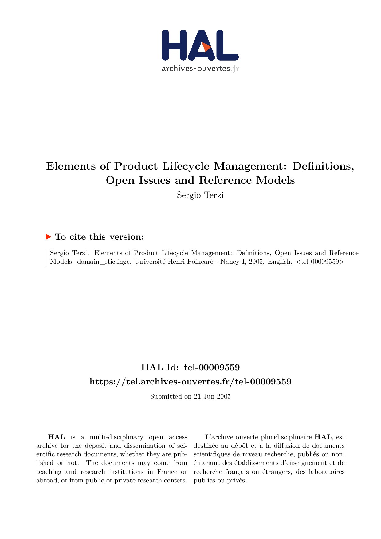 Elements of Product Lifecycle Management: Definitions, Open Issues and Reference Models