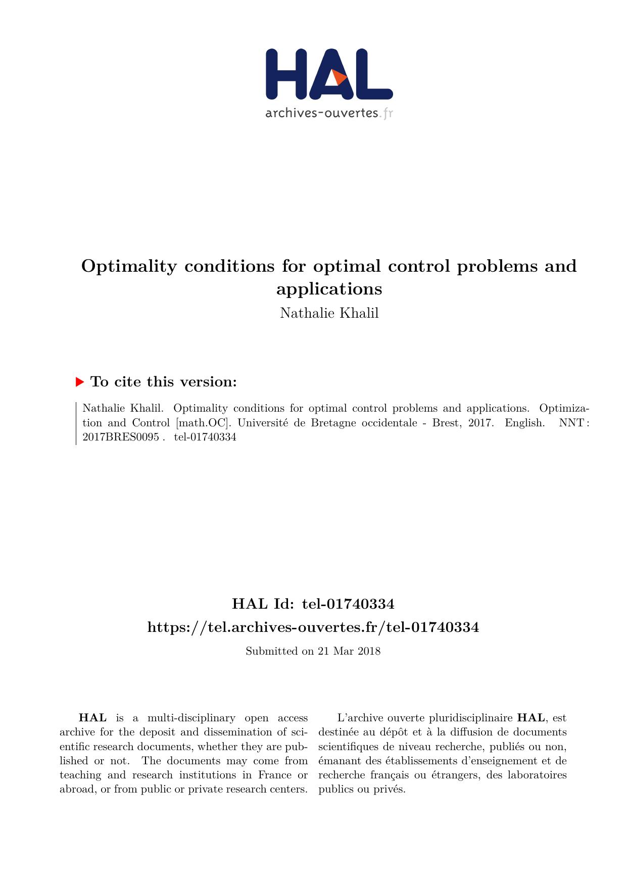 Optimality conditions for optimal control problems and applications
