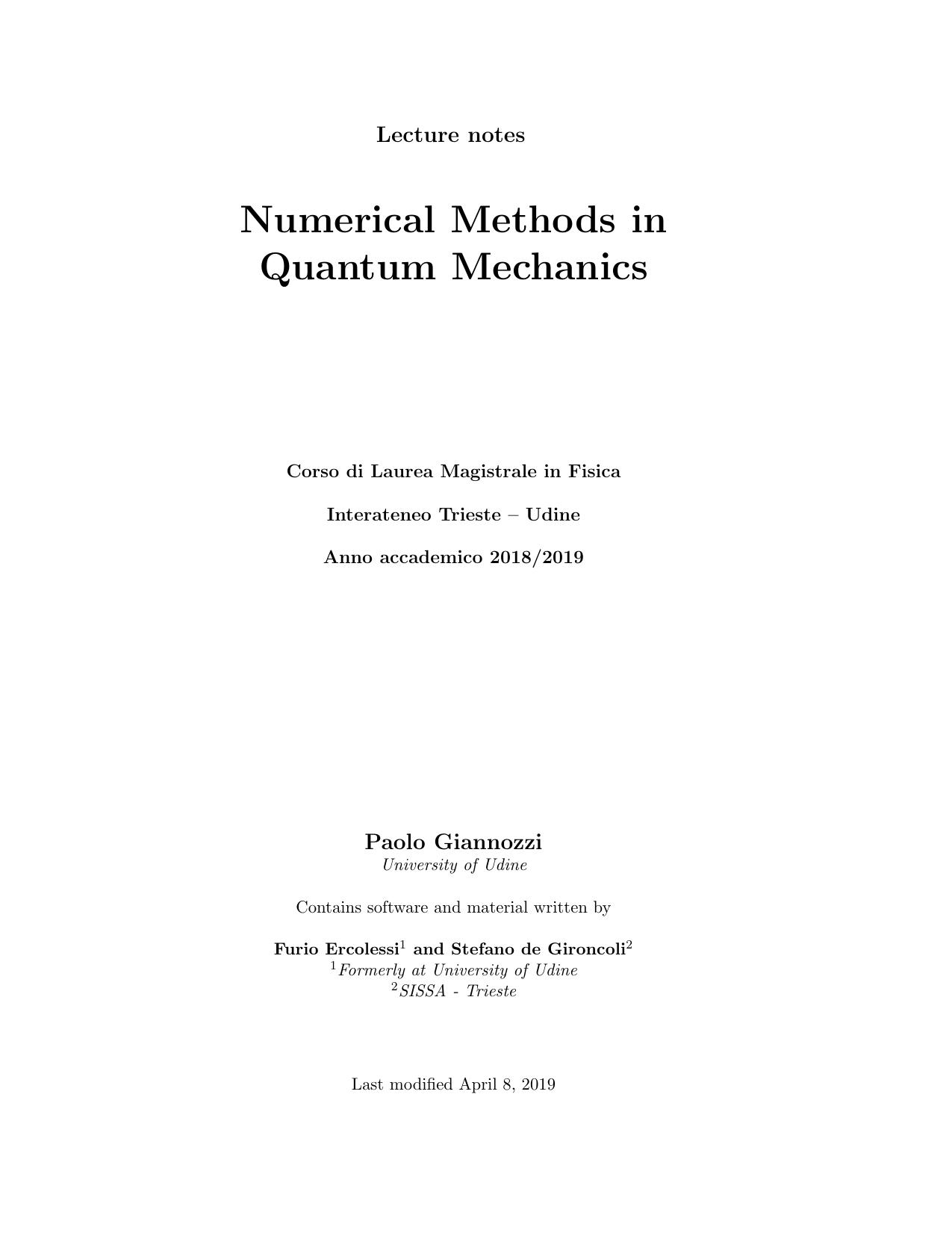 Numerical Methods in quantum Mechanics 2019