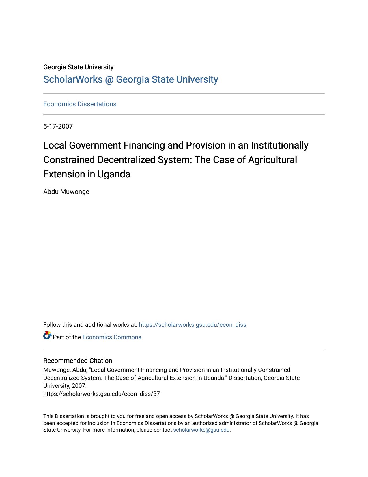 Local Government Financing and Provision in an Institutionally Constrained Decentralized System: The Case of Agricultural Extension in Uganda
