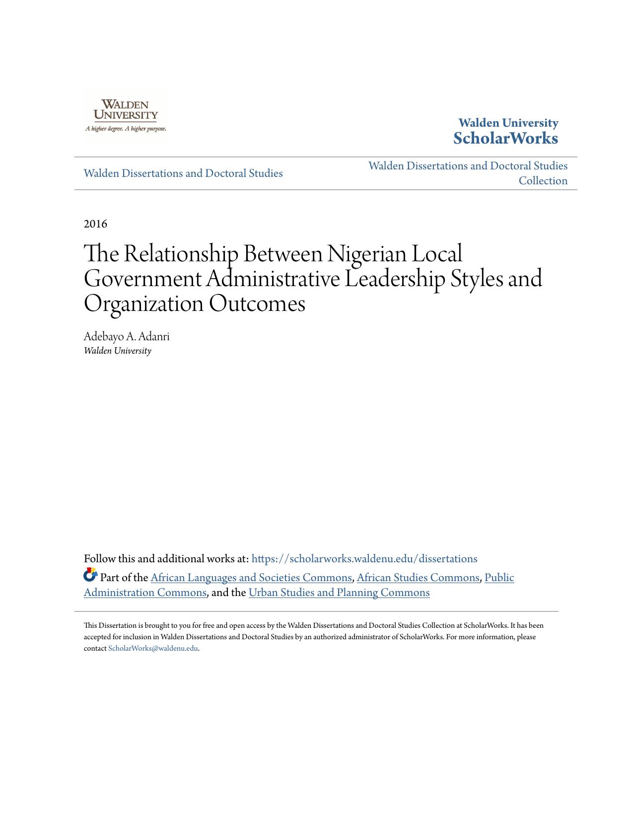 The Relationship Between Nigerian Local Government Administrative Leadership Styles and Organization Outcomes