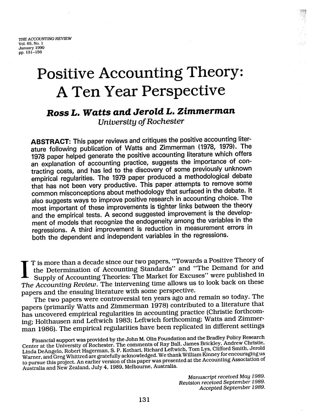 watts & zimmerman positve accounting theory 1990