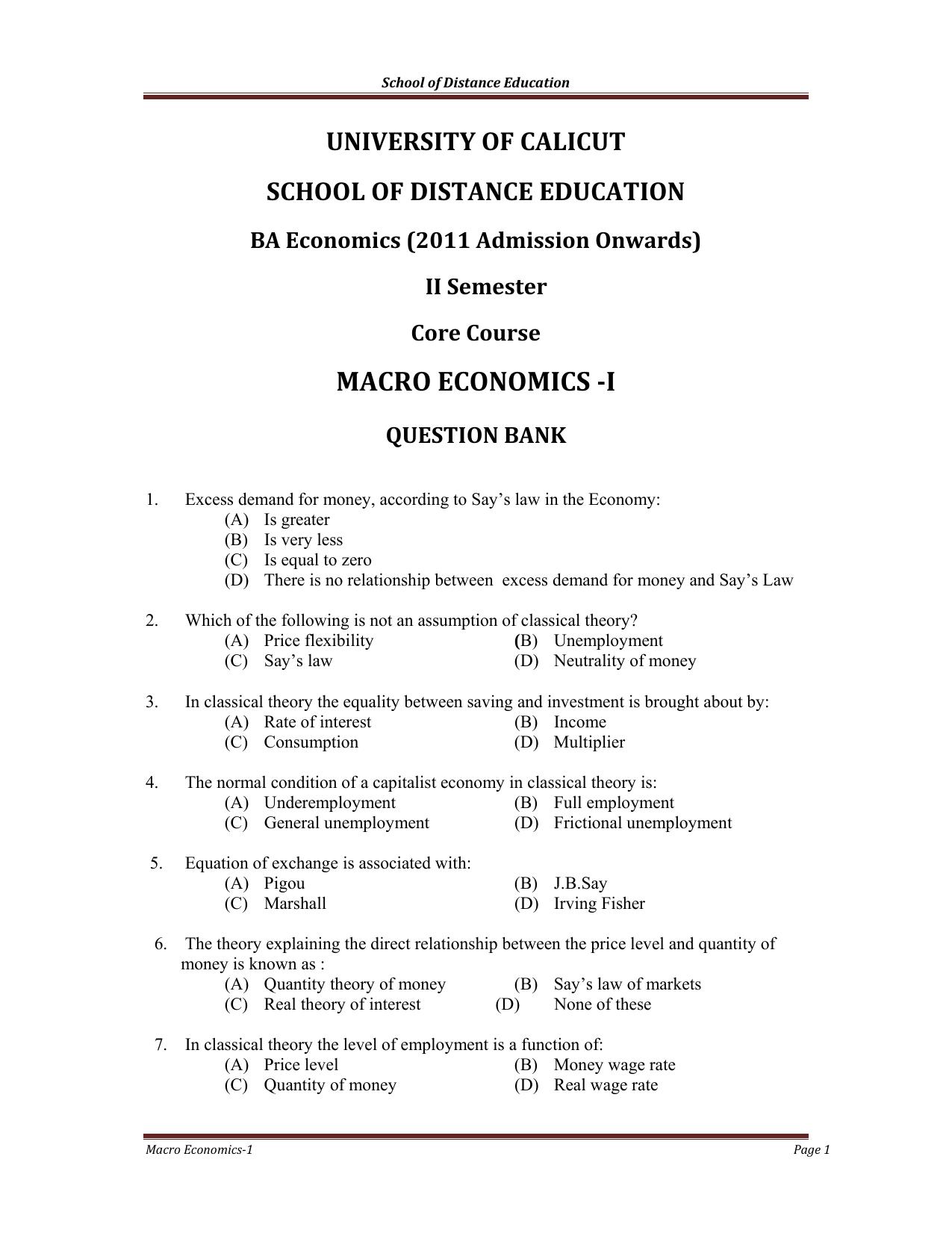 Microsoft Word - Question Bank BA Economics II Sem. Core Course Macro Economics-1