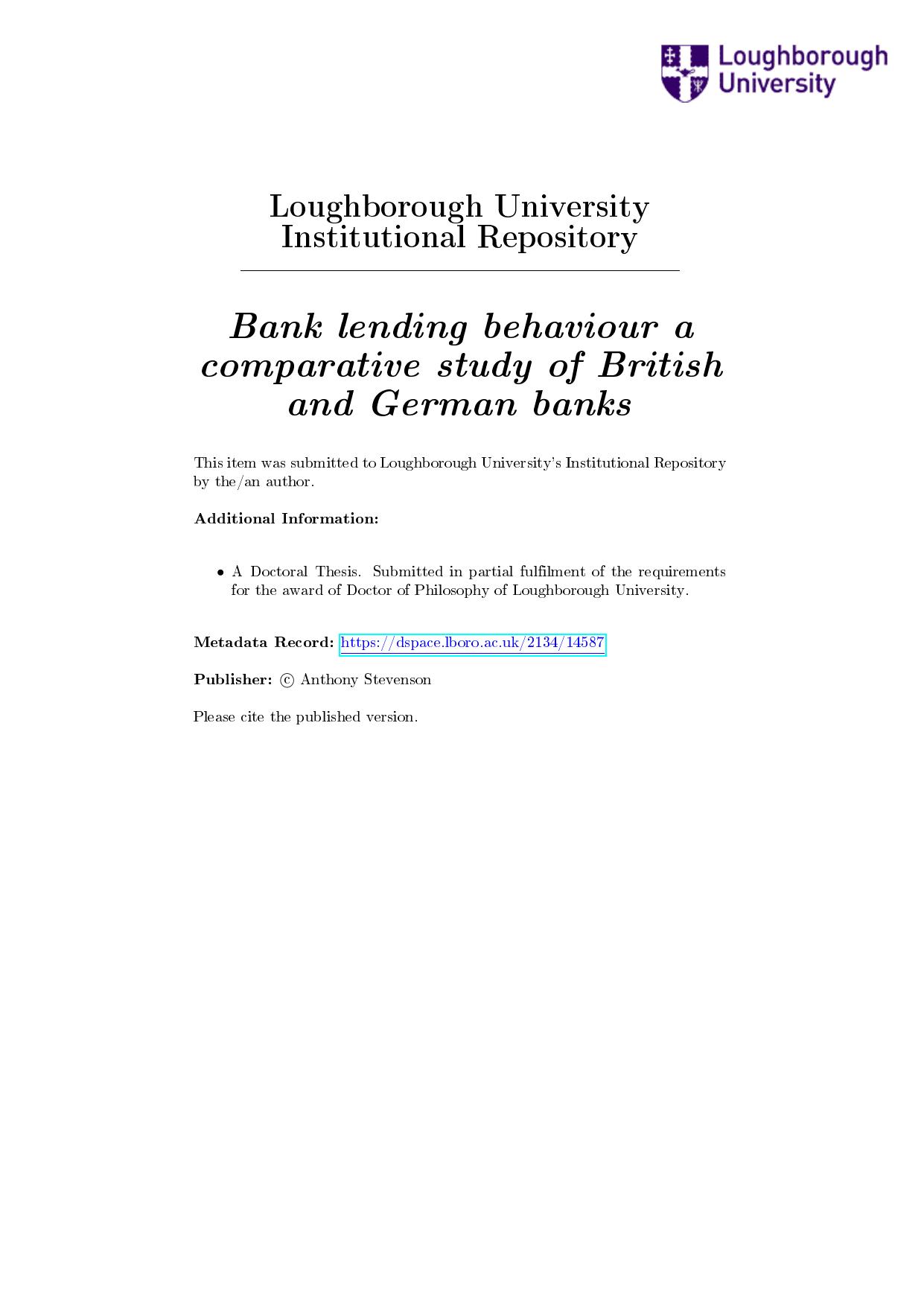 Bank Lending Behaviour a Comparative Study of British and German Banks 2014