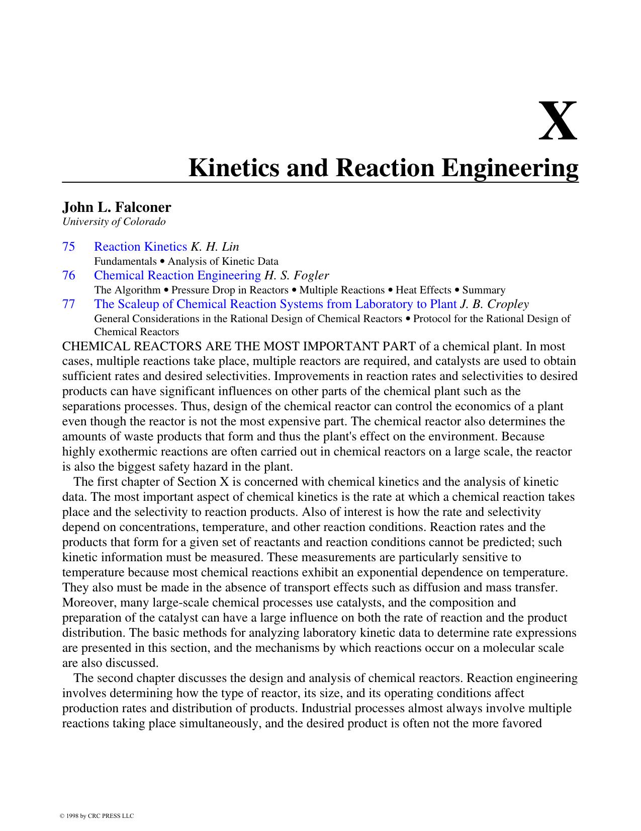 Chap X - Kinetics and Reaction Engineering
