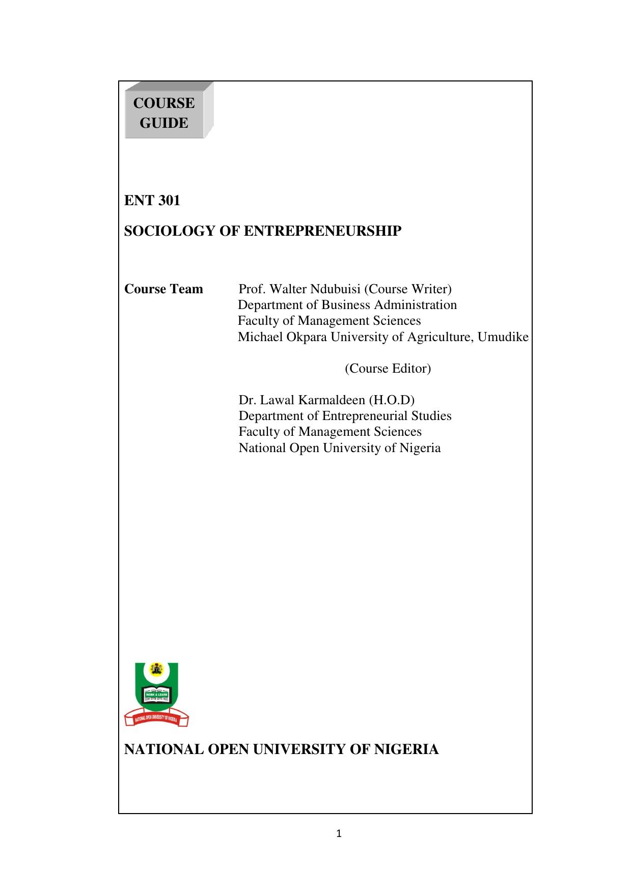 ent 301 sociology of entrepreneurship national open university of nigeria course guide 2017