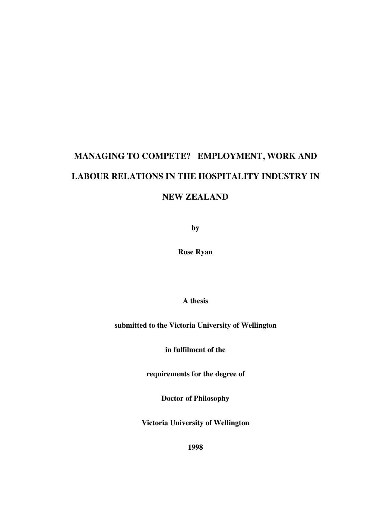 managing to compete  employment, work and labour relations in the hospitality industry in new  .1998