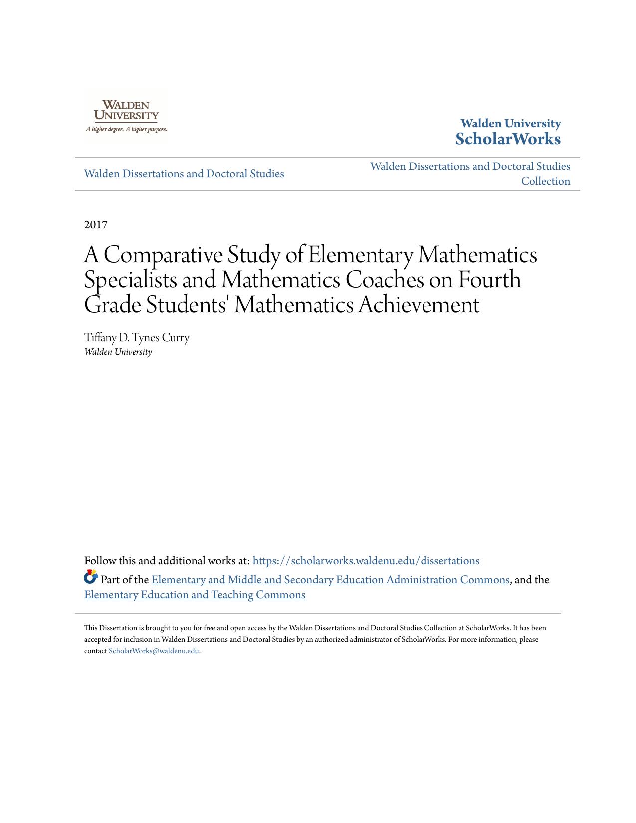 A Comparative Study of Elementary Mathematics Specialists and Mathematics Coaches on Fourth Grade Students' Mathematics Achievement