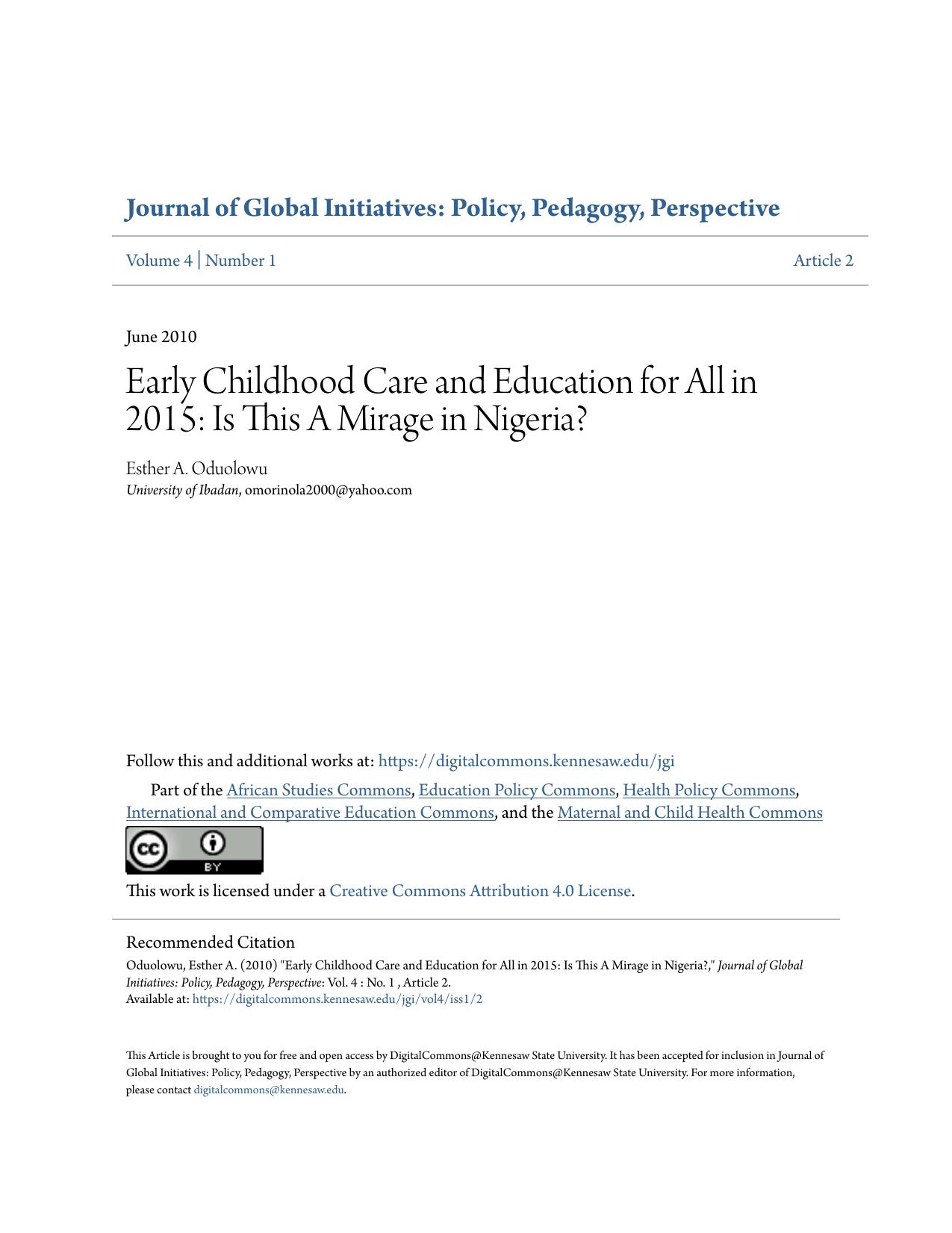 Early Childhood Care and Education for All in 2015: Is This A Mirage in Nigeria?