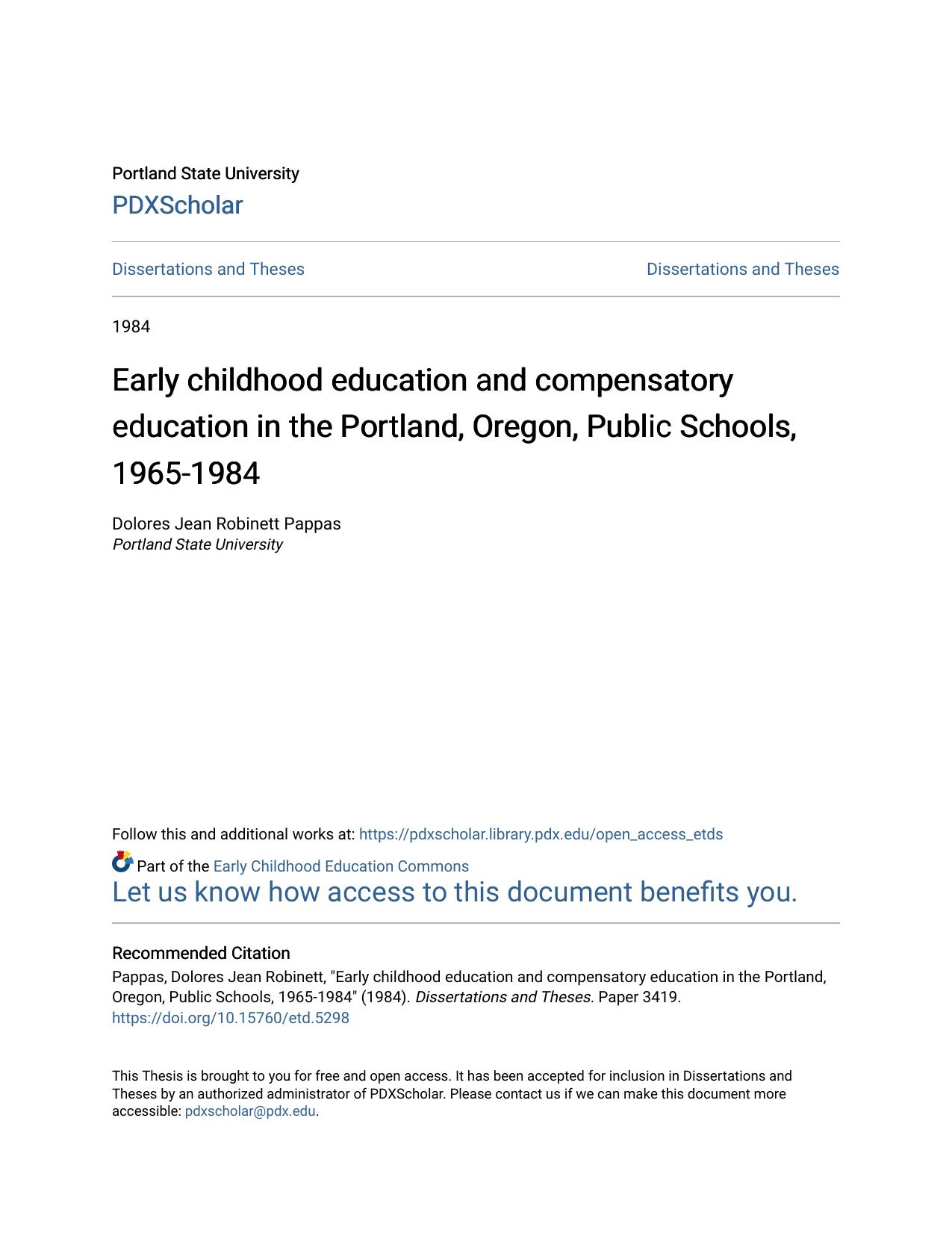 Early childhood education and compensatory education in the Portland, Oregon, Public Schools, 1965-1984