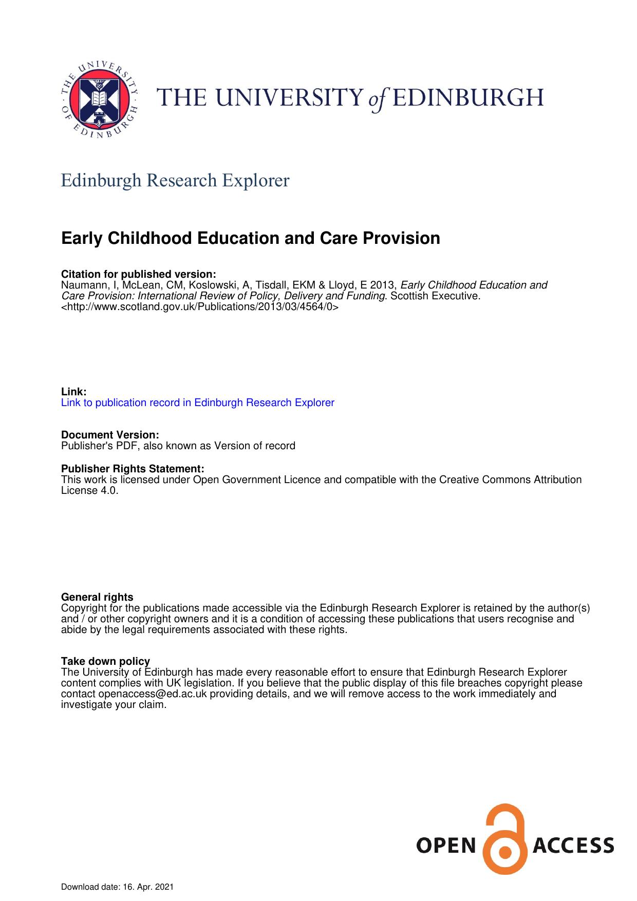 Early Childhood Education And Care Provision: International Review Of Policy, Delivery And Funding Final Report