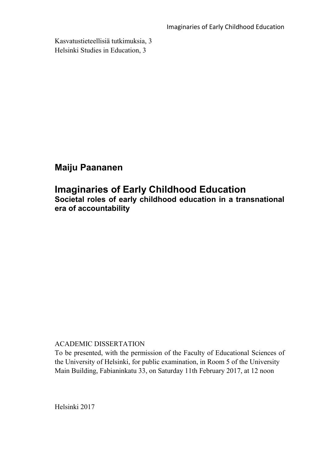 Imaginaries of Early Childhood Education Societal roles of early childhood education in a transnational era of accountability