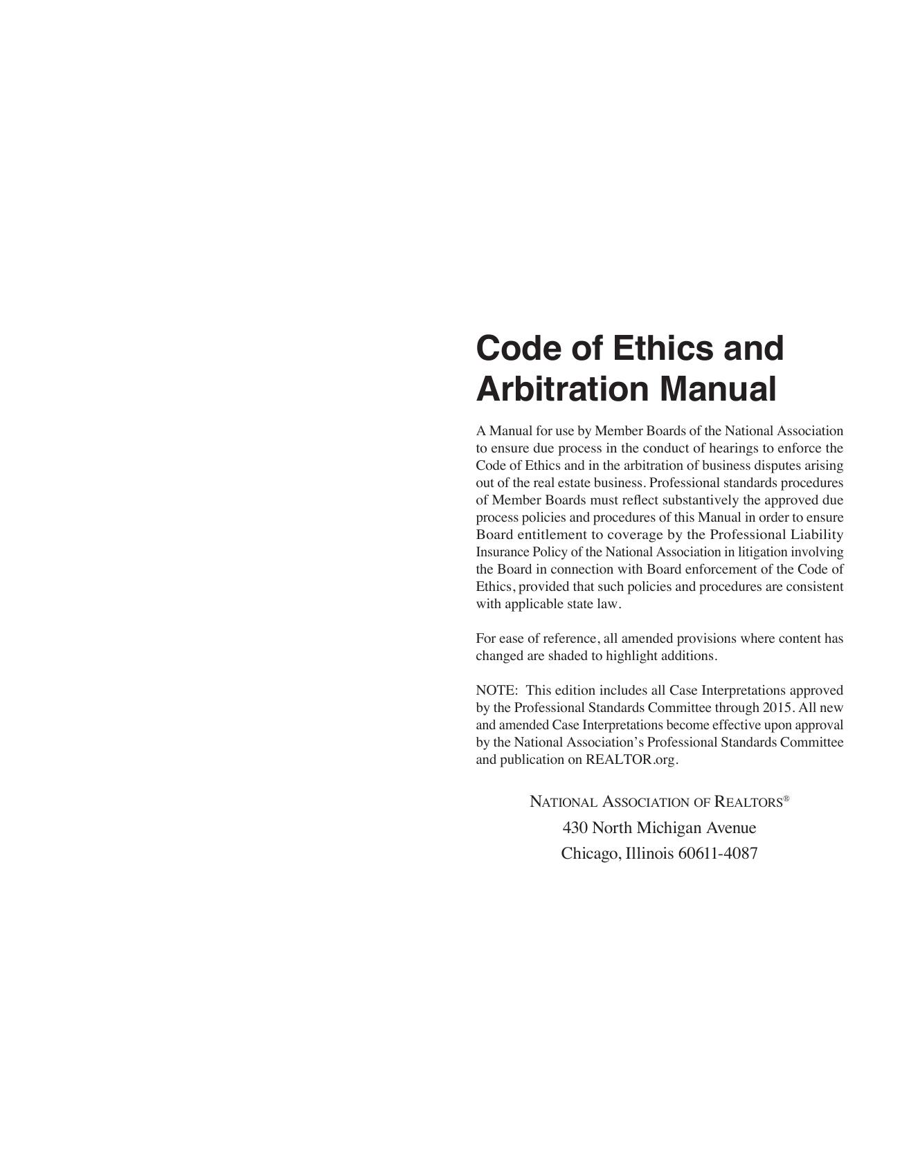 Code of Ethics and Arbitration Manual 2016