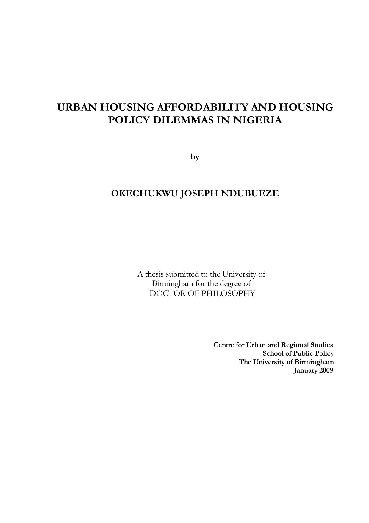 Urban housing affordability and housing policy dilemmas in Nigeria