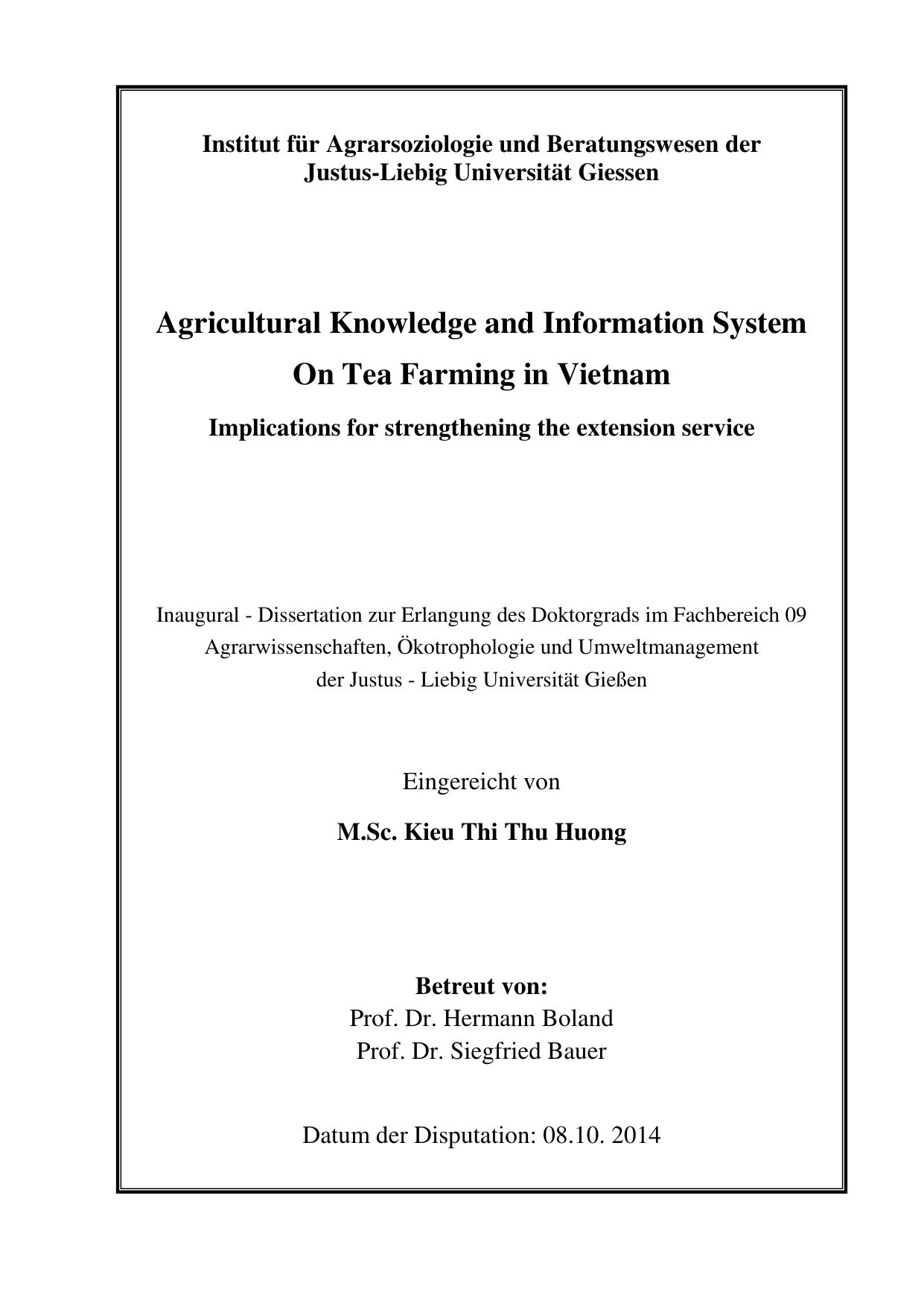 Agricultural knowledge and information system on tea farming in Vietnam : implication for strengthening the extension service