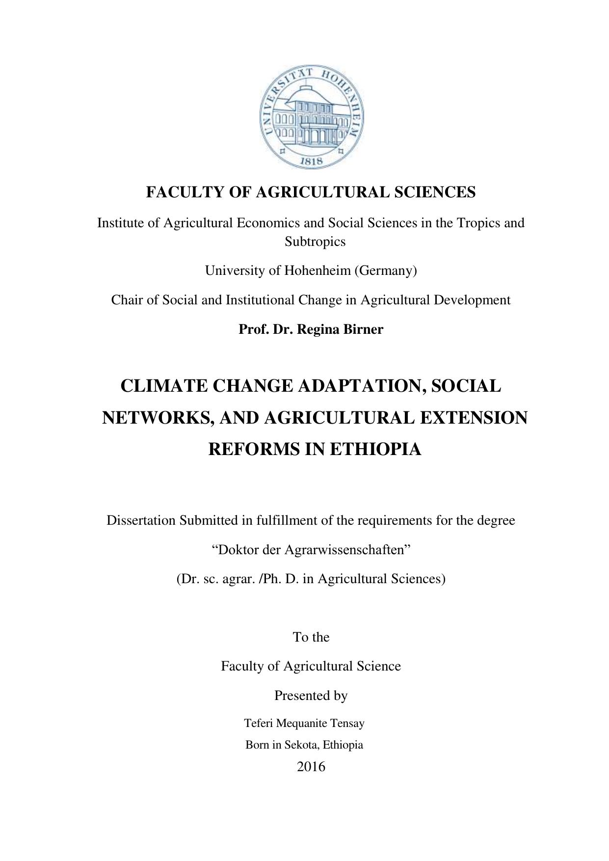 CLIMATE CHANGE ADAPTATION, SOCIAL NETWORKS, AND AGRICULTURAL EXTENSION REFORMS IN ETHIOPIA 2016