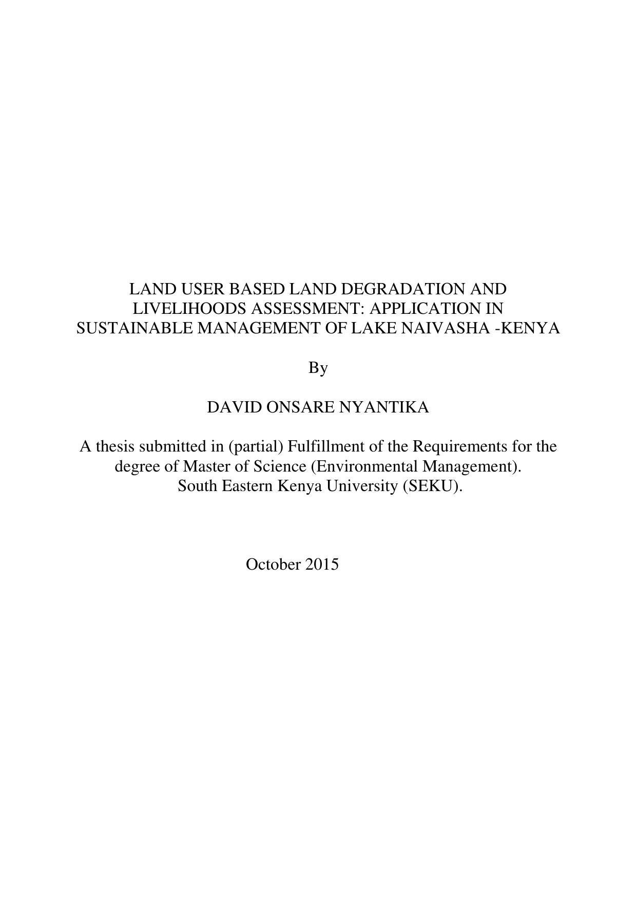 Land User Based Land Degradation and Livelihoods Assessment: ApplicationinSustainable Managementof LakeNaivasha-Kenya