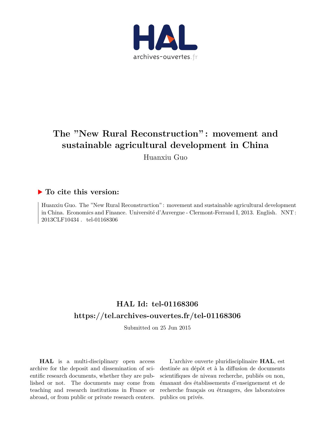 The ''New Rural Reconstruction'': movement and sustainable agricultural development in China
