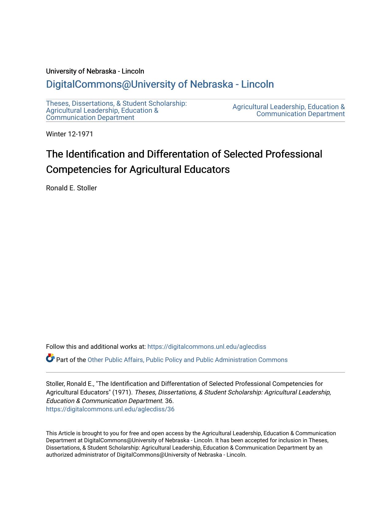 The Identification and Differentation of Selected Professional Competencies for Agricultural Educators