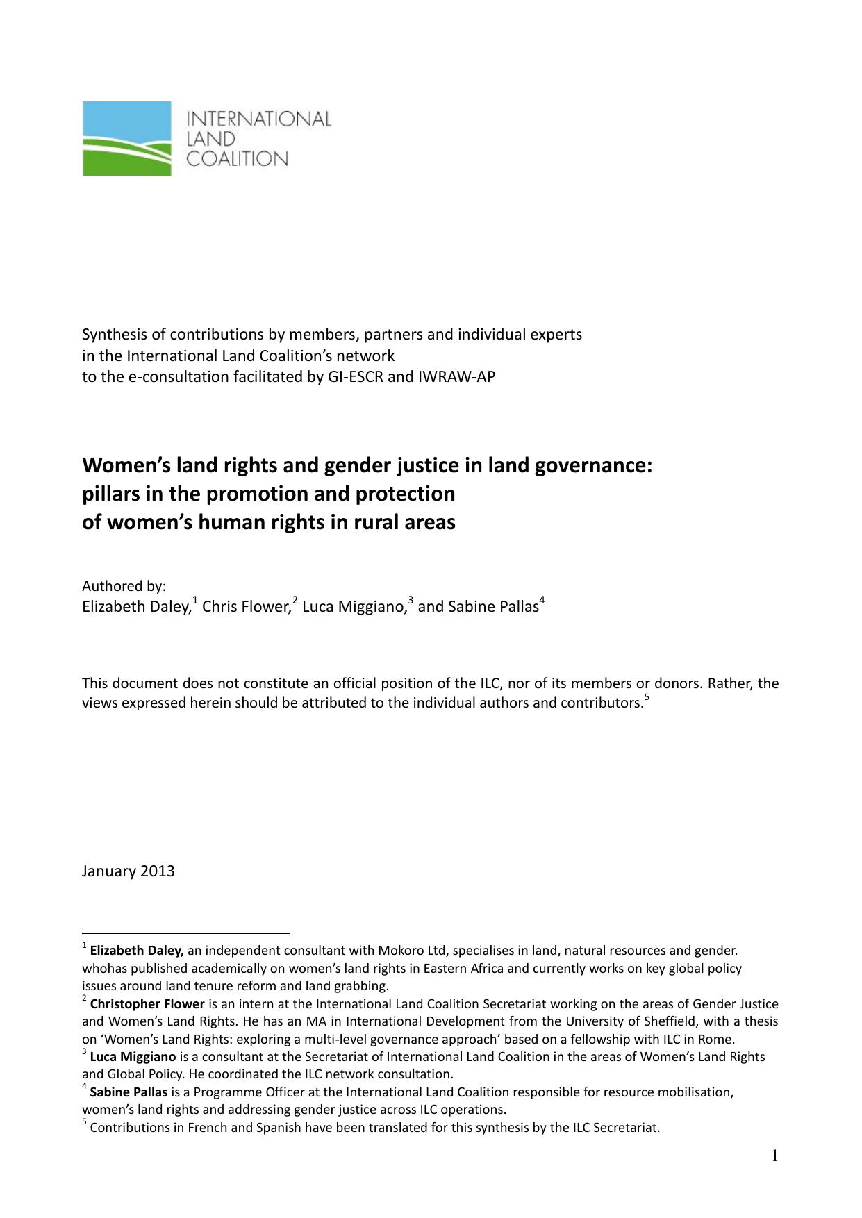 Women’s land rights and gender justice inland governance 2013