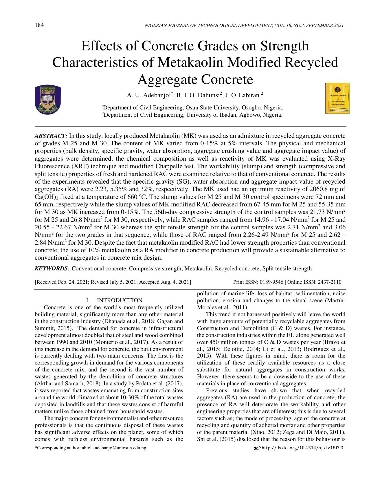 Effects of Concrete Grades on Strength Characteristics of Metakaolin Modified Recycled Aggregate Concrete  2021