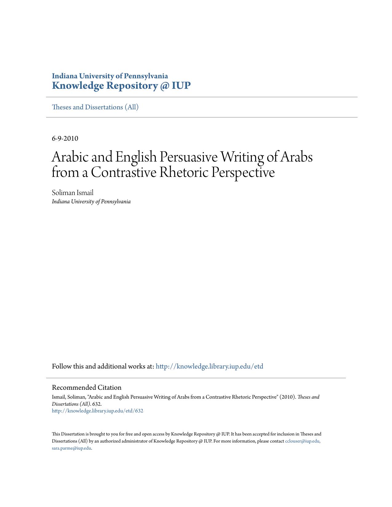 Arabic and English Persuasive Writing of Arabs from a Contrastive Rhetoric Perspective