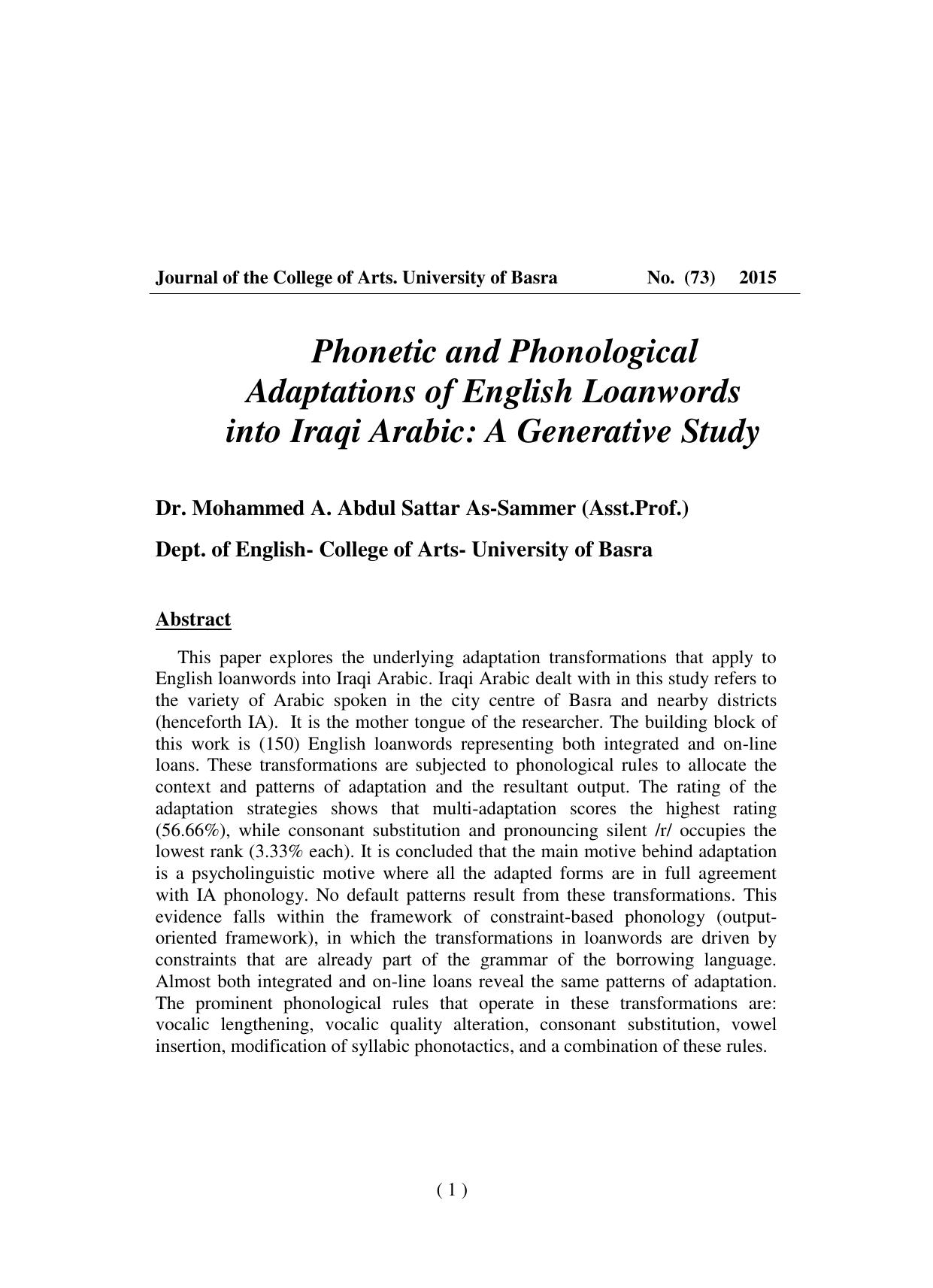 Phonetic and Phonological Adaptations of English Loanwords into Iraqi Arabic   2011