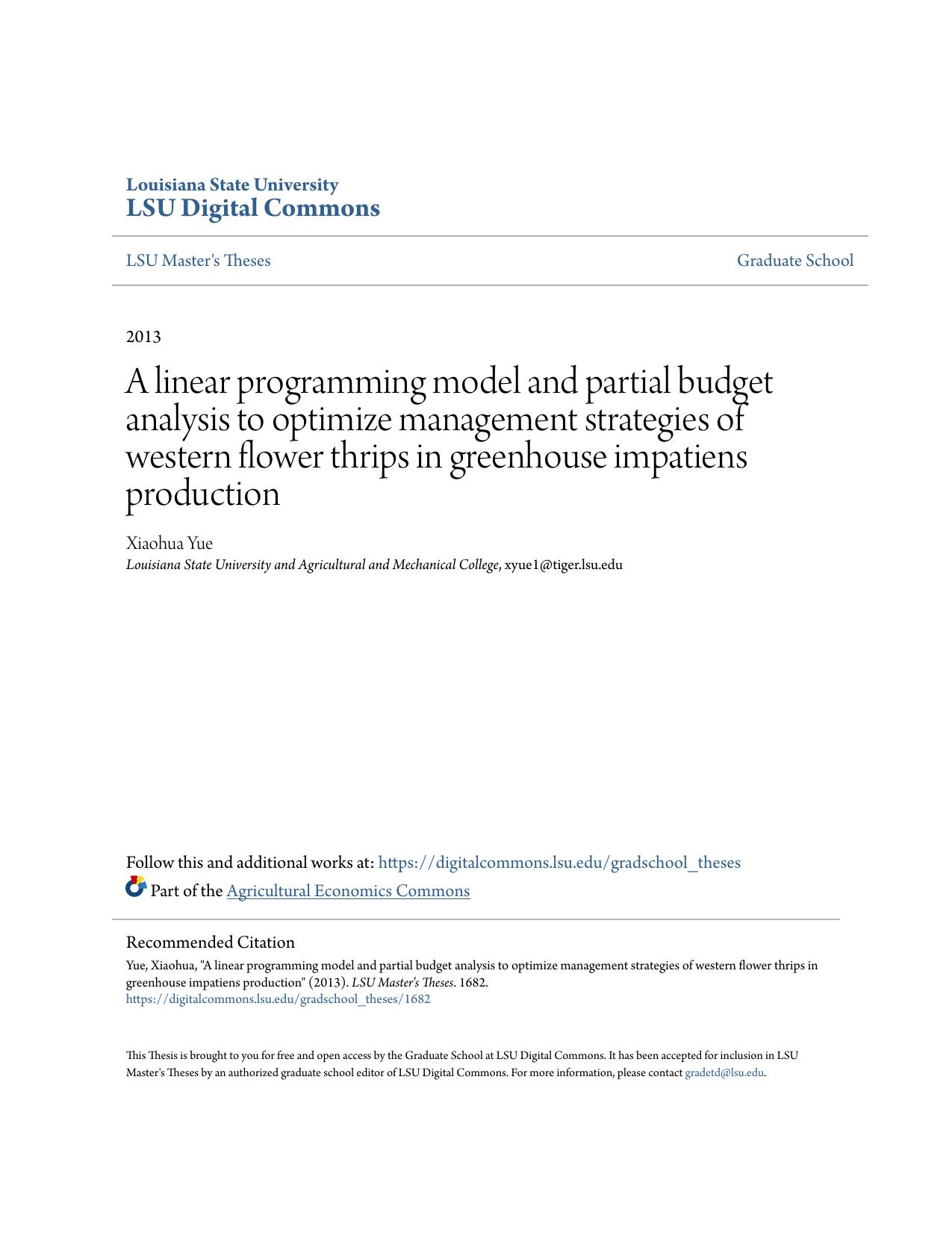 A linear programming model and partial budget analysis to optimize management strategies of western flower thrips in greenhouse impatiens production