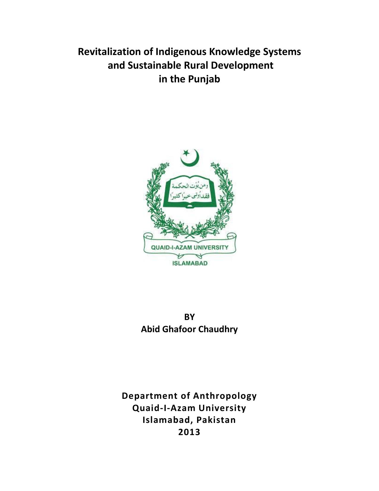 Revitalization of Indigenous Knowledge Systems and Sustainable Rural Development in the Punjab 2013