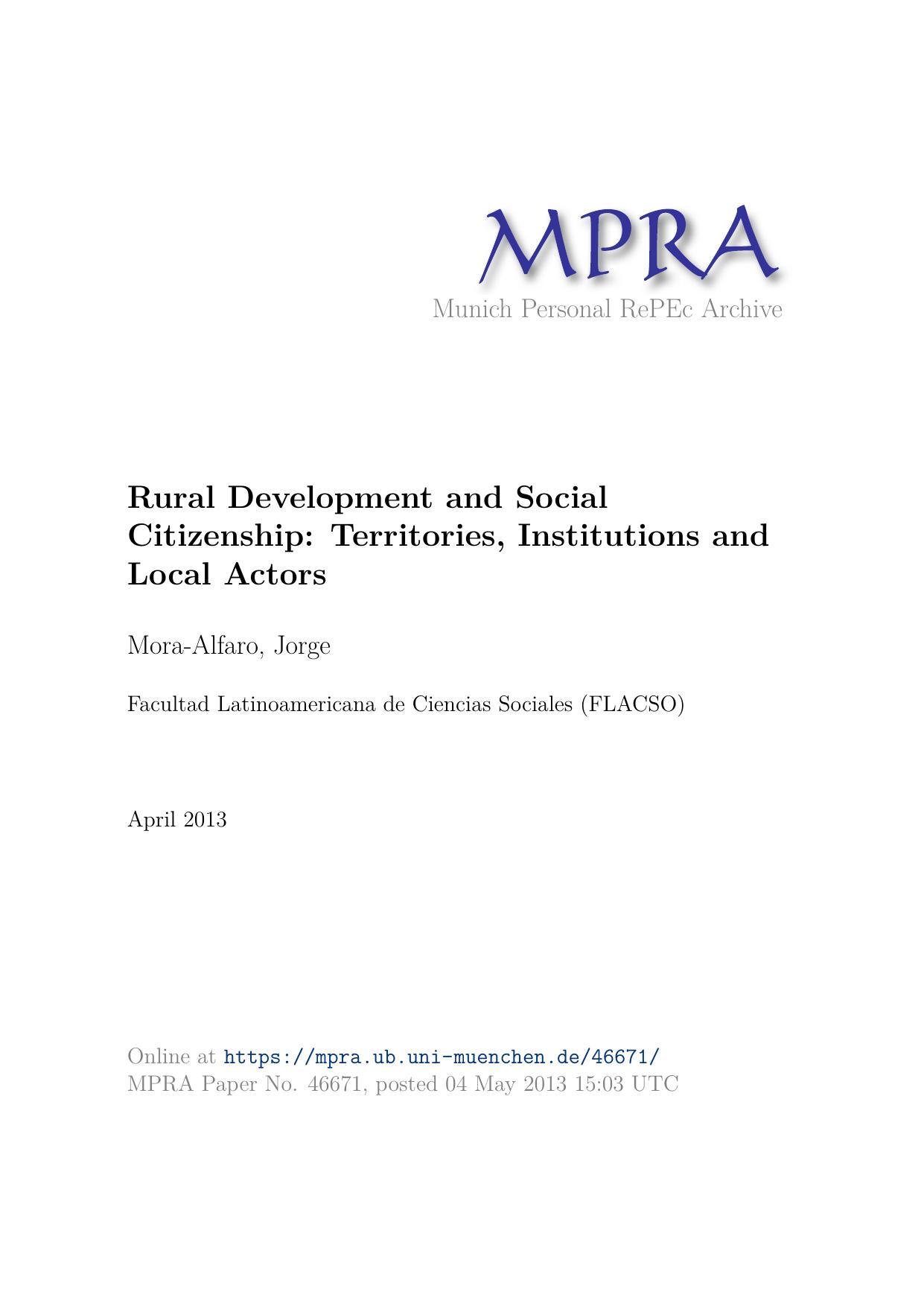 Rural Development and Social Citizenship Territories, Institutions and Local Actors 2013