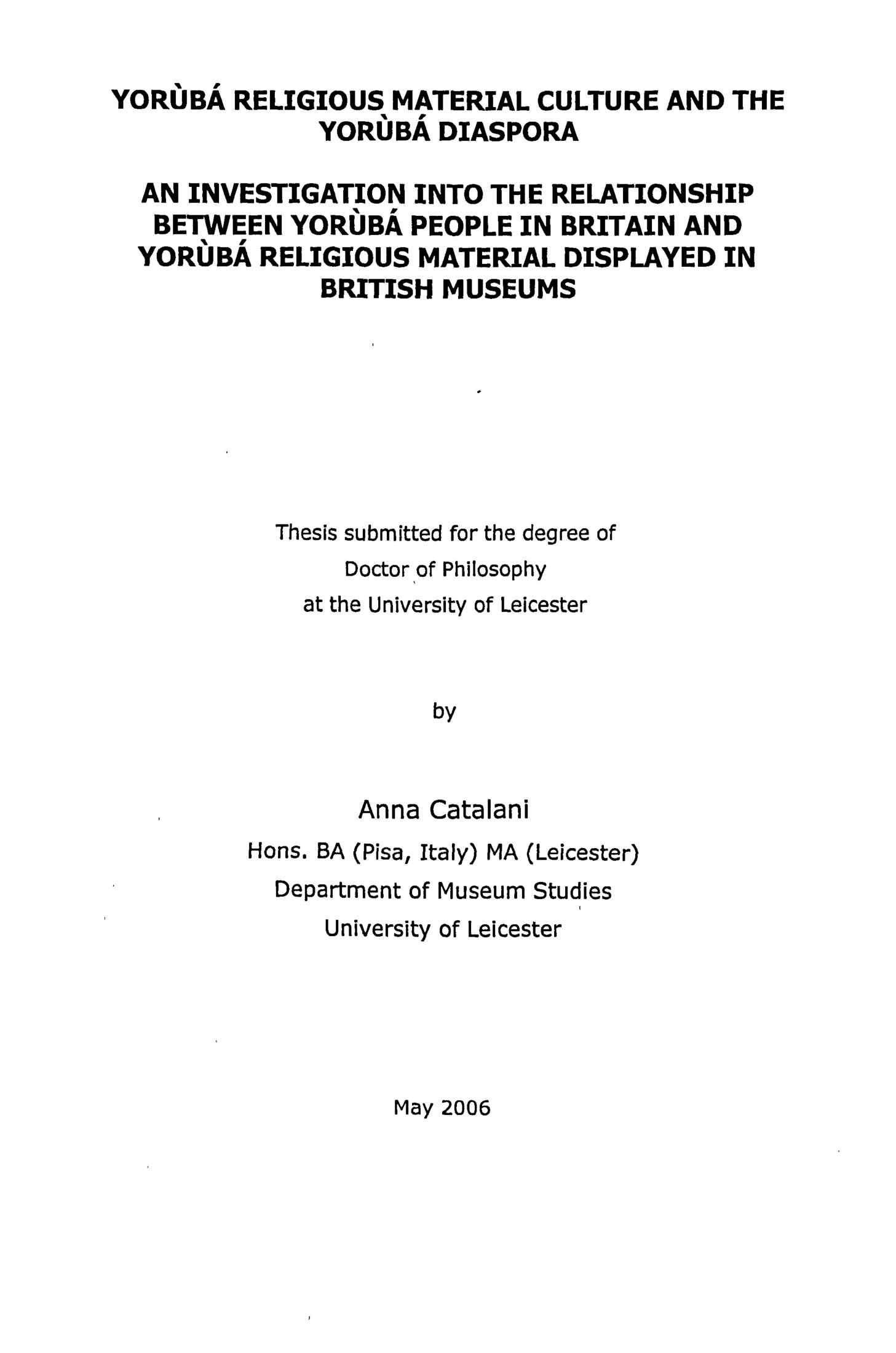 YORUBA RELIGIOUS MATERIAL CULTURE AND THE YORUBA 2012