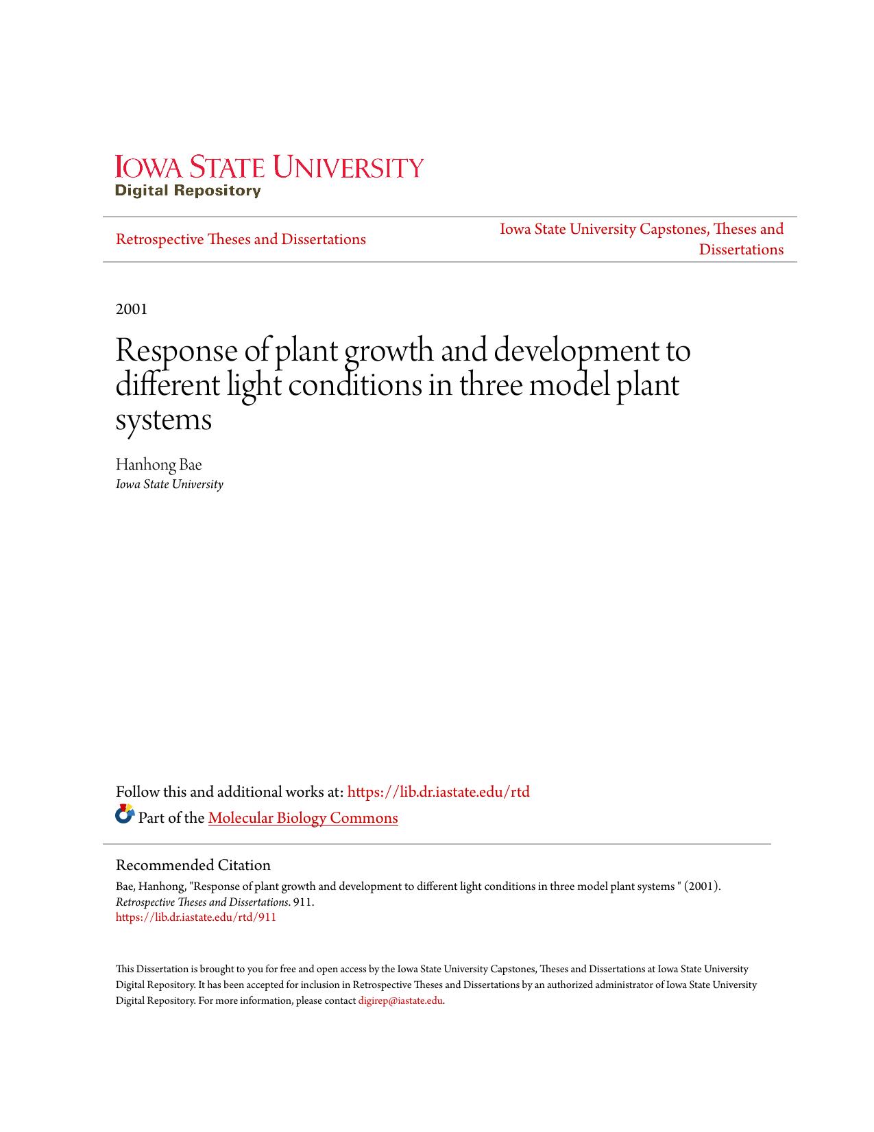 Response of plant growth and development to different light conditions in three model plant systems
