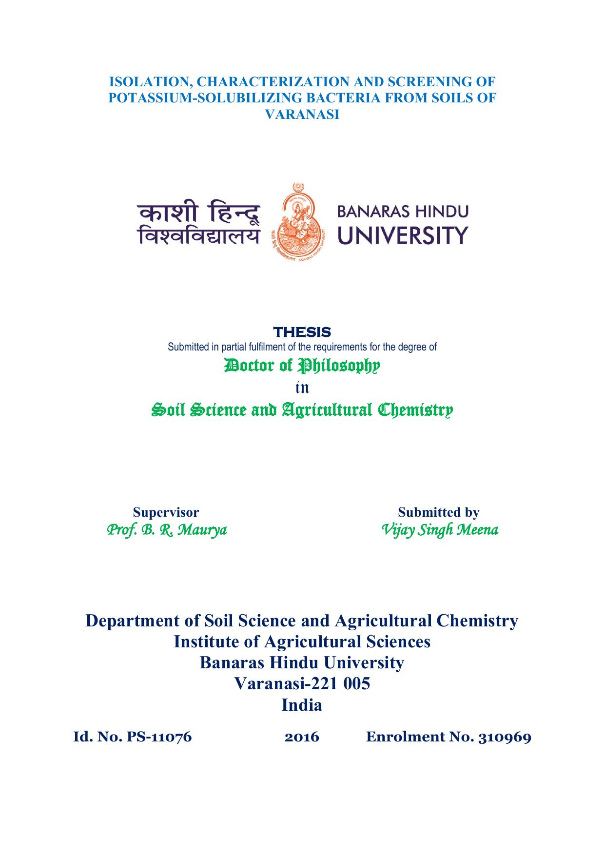 Doctor of Philosophy in Soil Science and Agricultural Chemistry Department of Soil Science and 2017